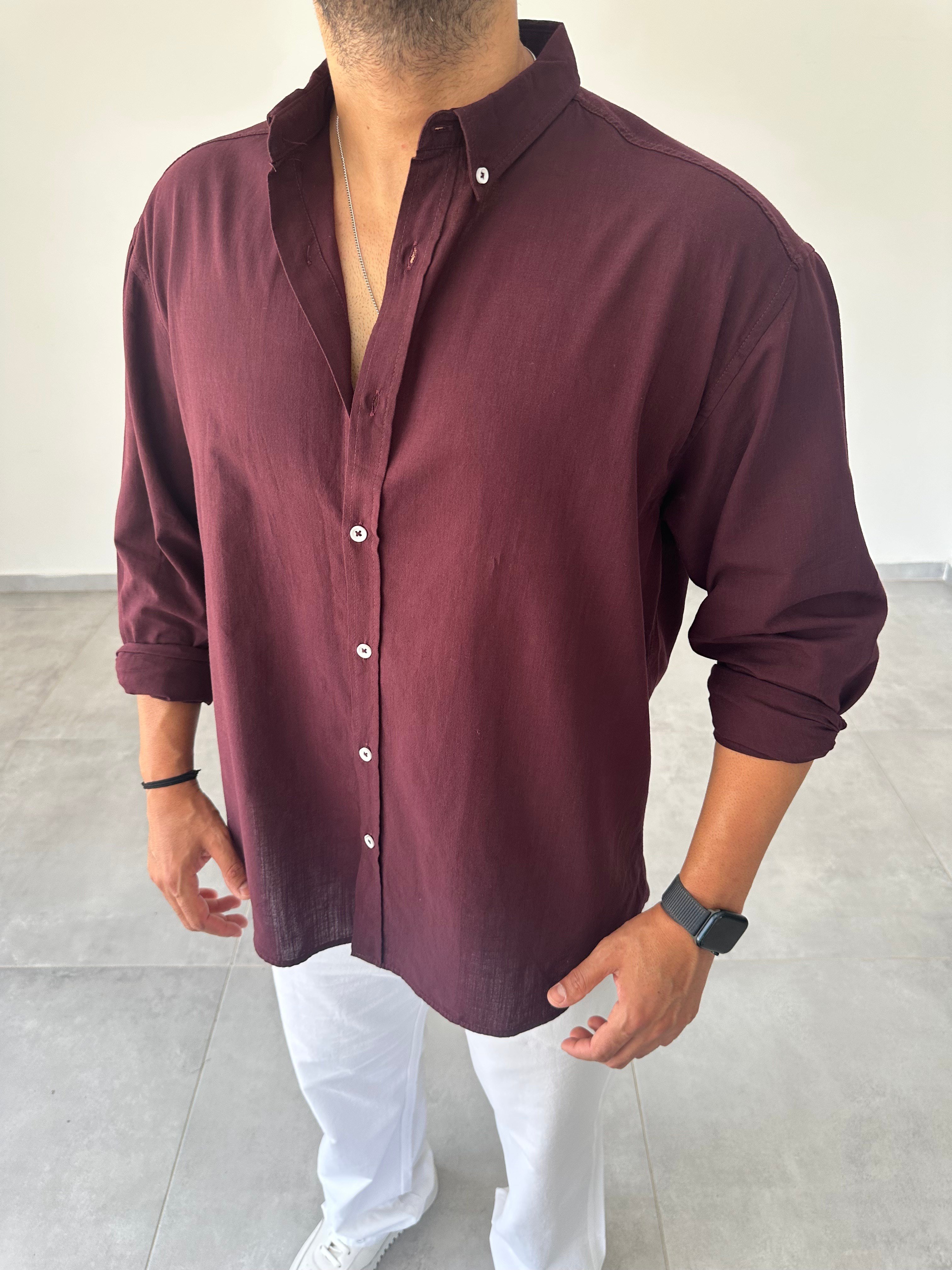 Mürdüm Renk Oversize Kesim Fresh Keten Gömlek