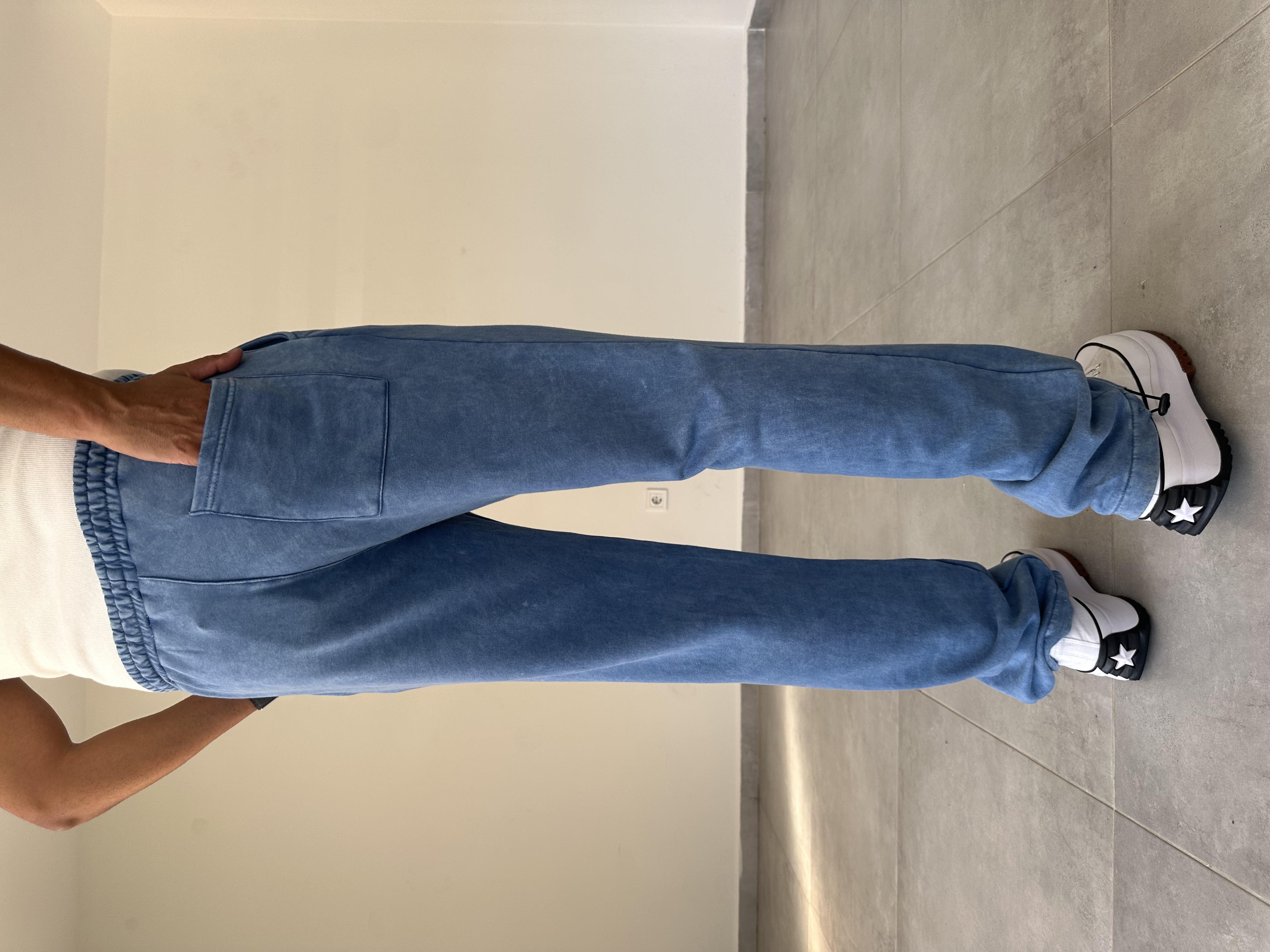 Mavi Renk Yıkamalı Kumaş Paça Kısmı Stoperli Baggy Eşofman