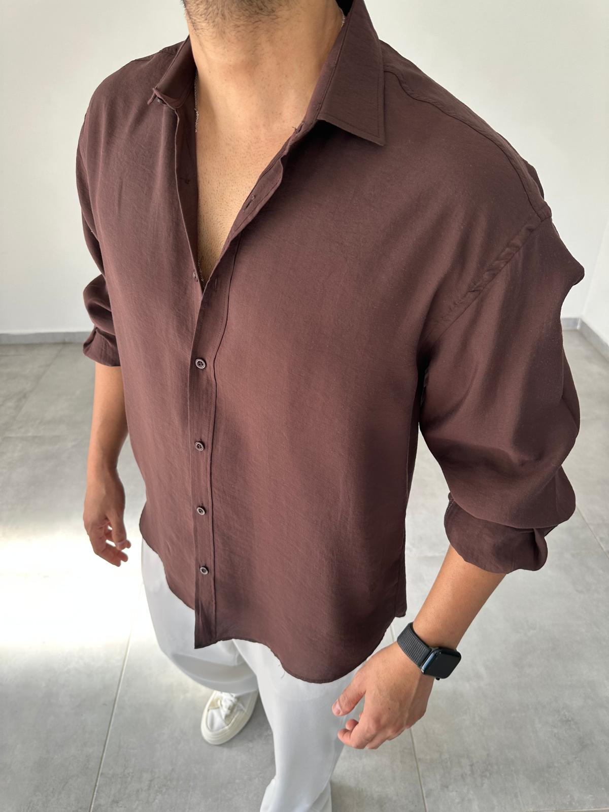 Modal Kumaş Kahve Renk Oversize Kesim Gömlek