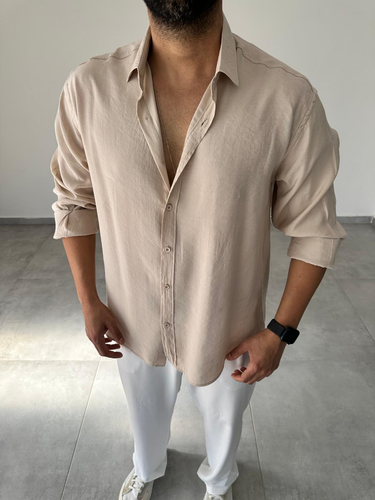Modal Kumaş Bej Renk Oversize Kesim Gömlek