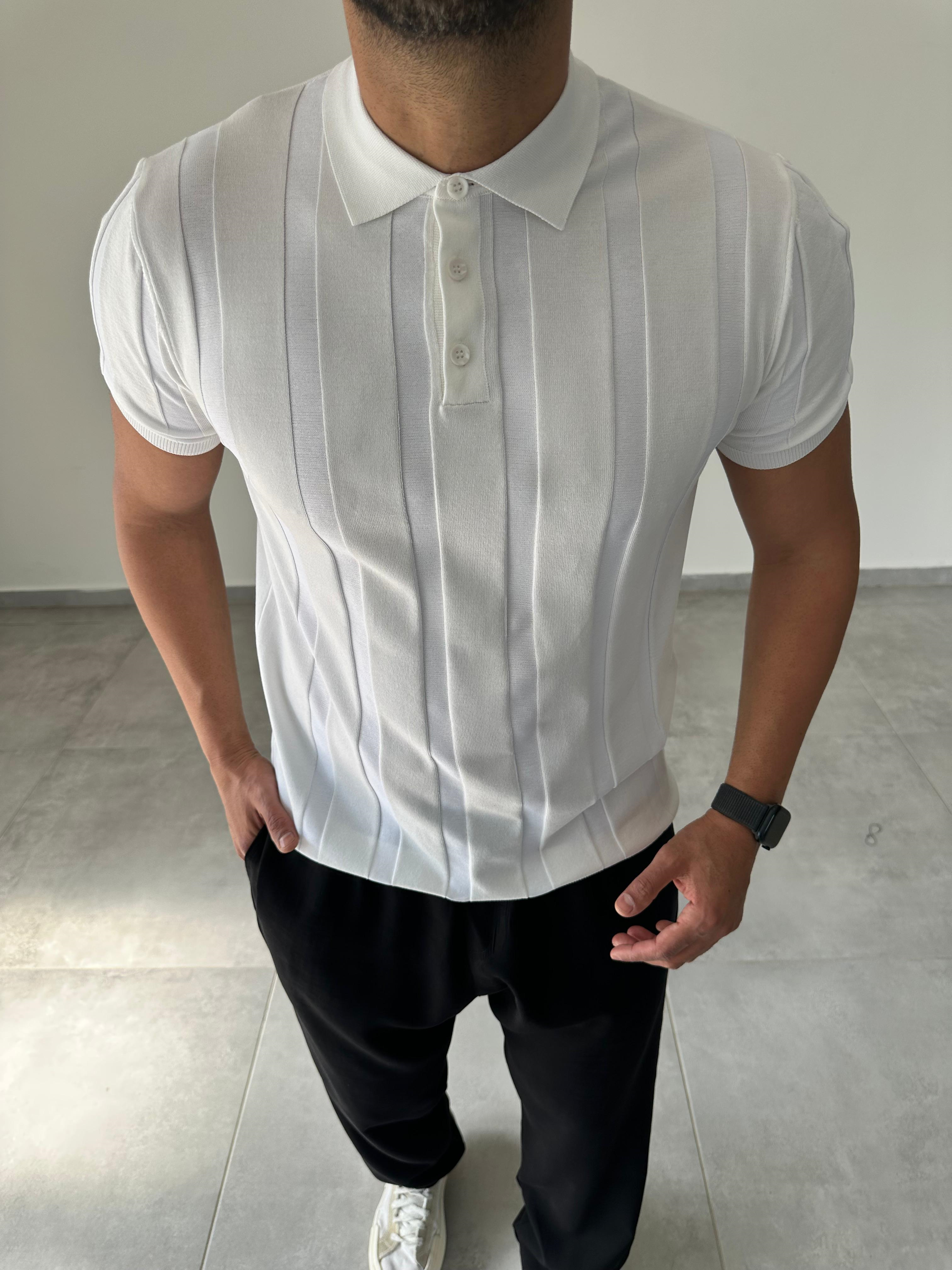 Polo Yaka  Şerit Detaylı Beyaz Renk Triko T-Shirt