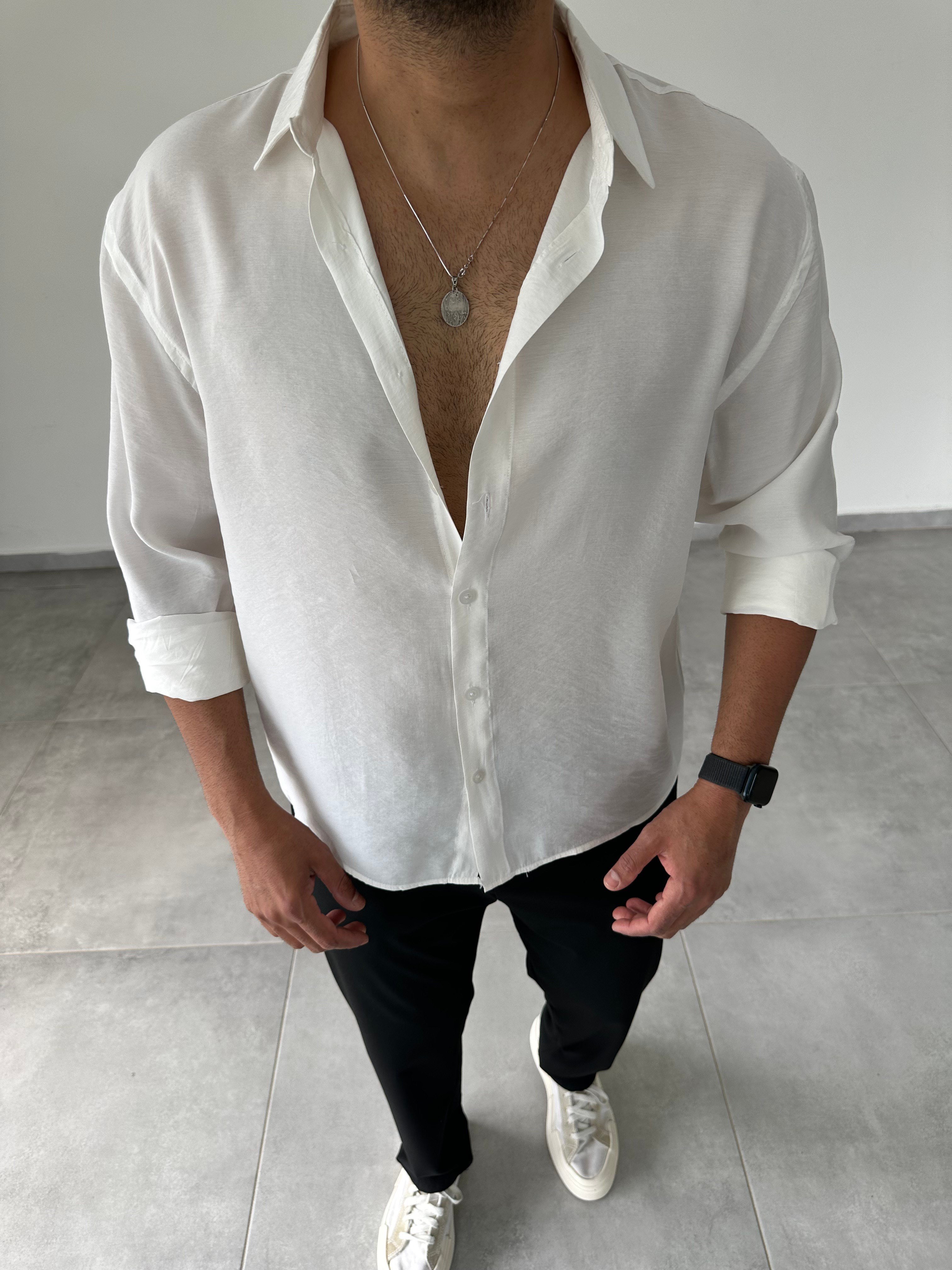 Beyaz Renk Modal Kumaş Oversize Basic Gömlek