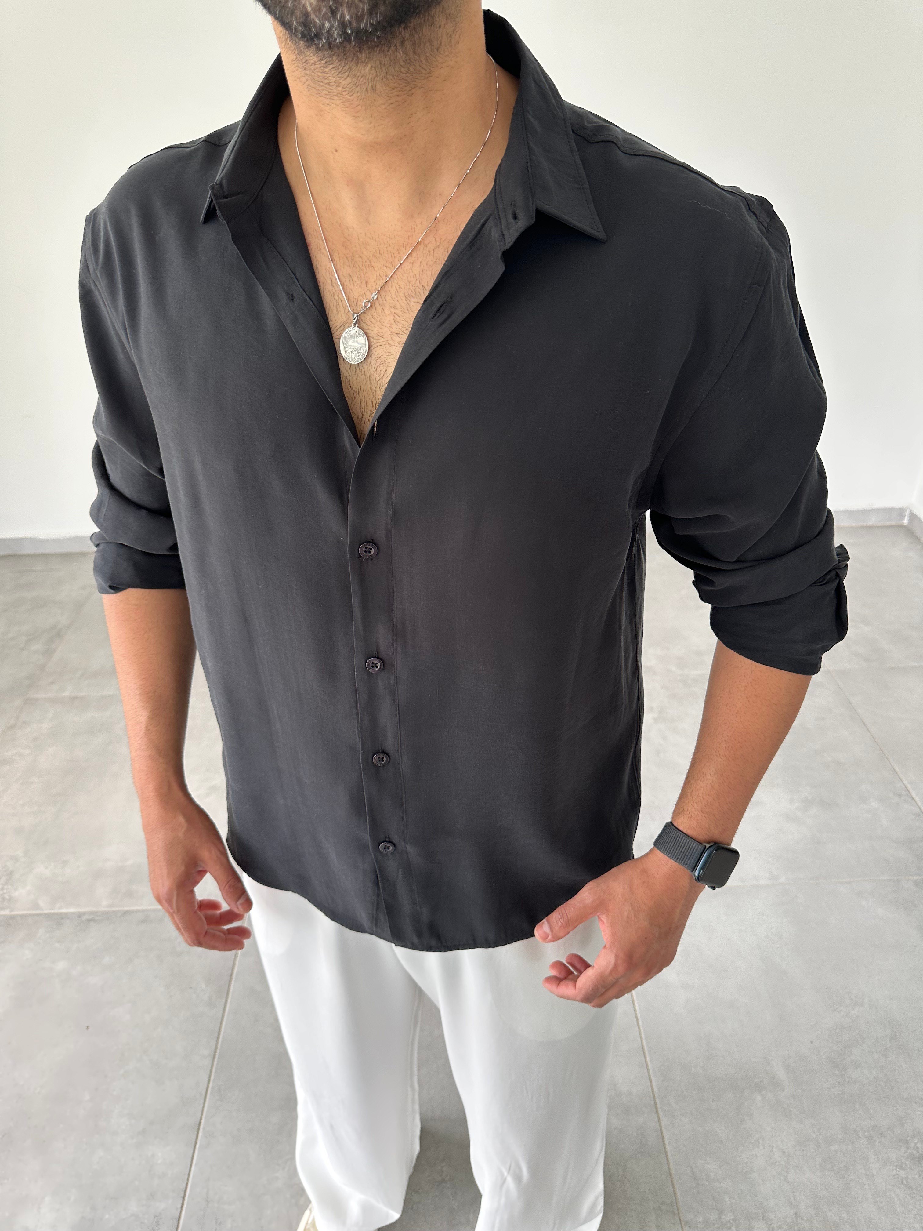 Siyah Modal Kumaş Oversize Basic Gömlek