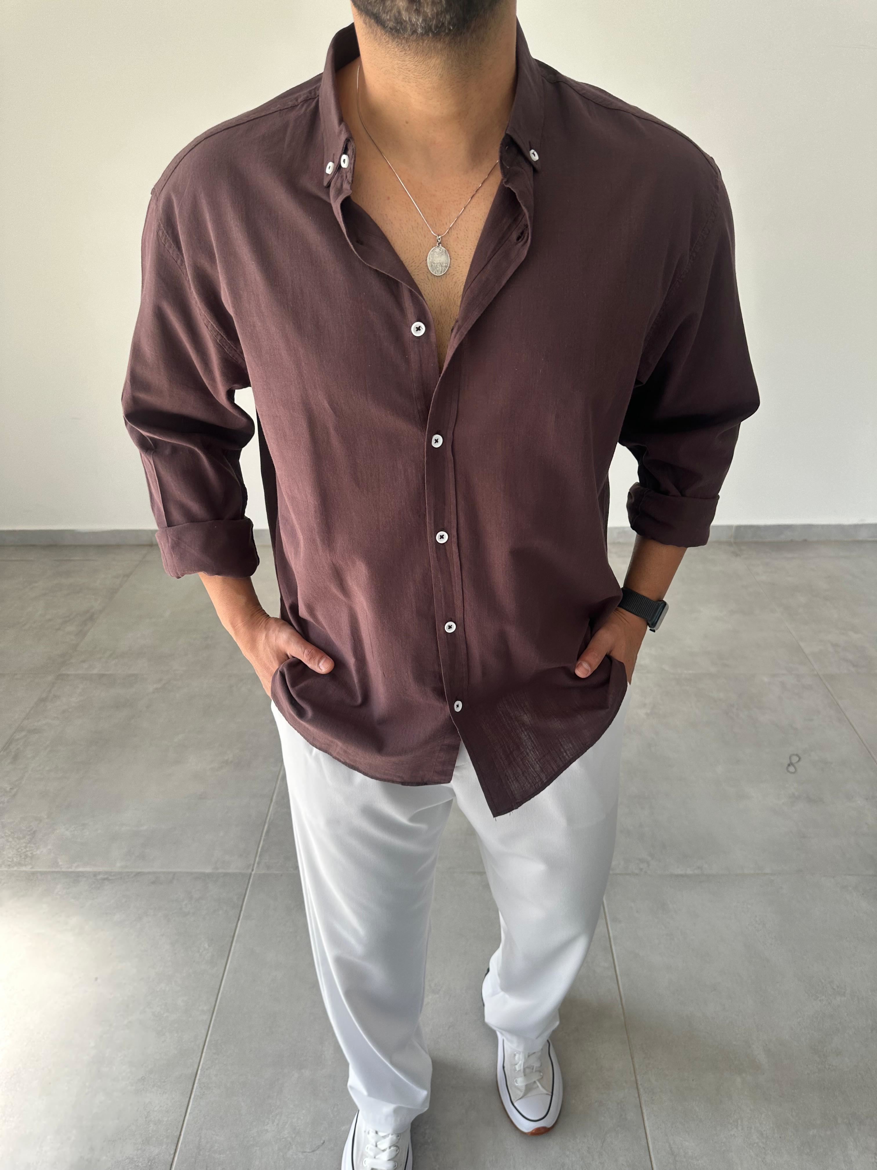 Kahve Renk Oversize Kesim Fresh Keten Gömlek