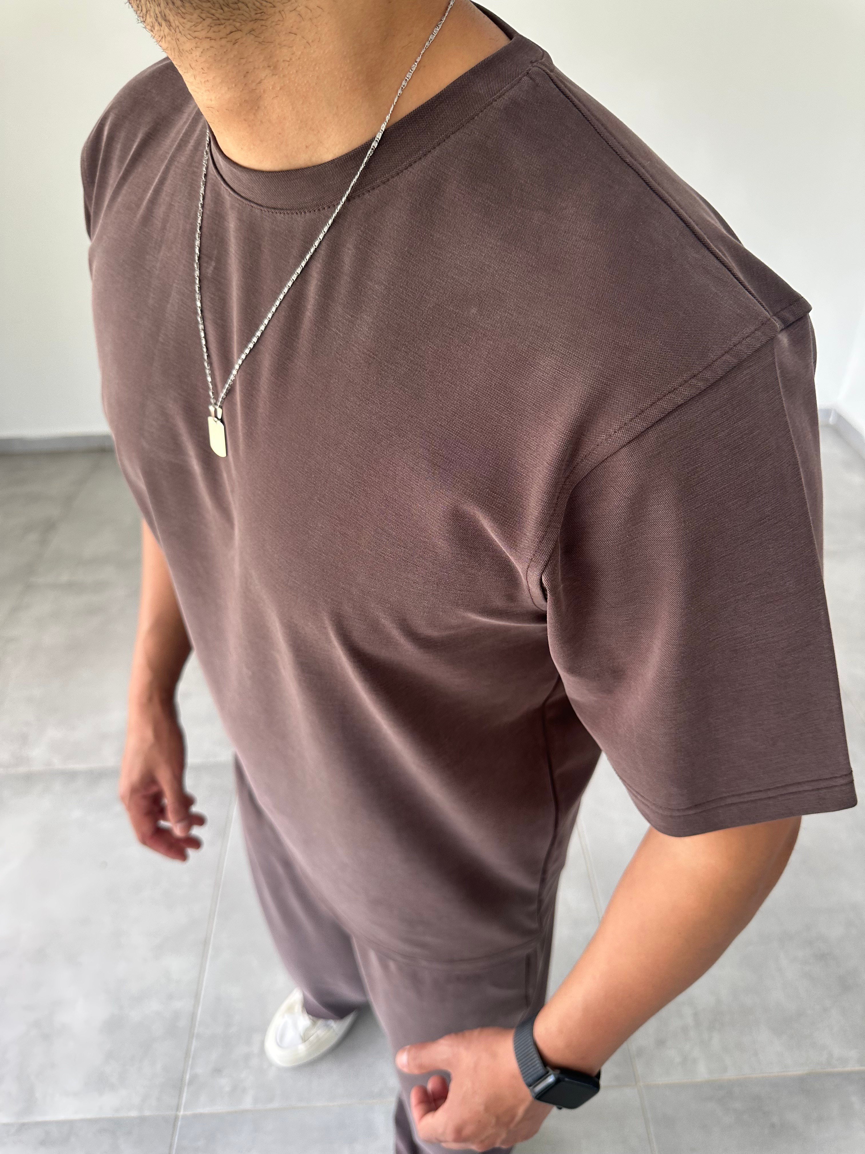 Kahve Renk  Rahat Kesim Kupra Kumaş T-Shirt