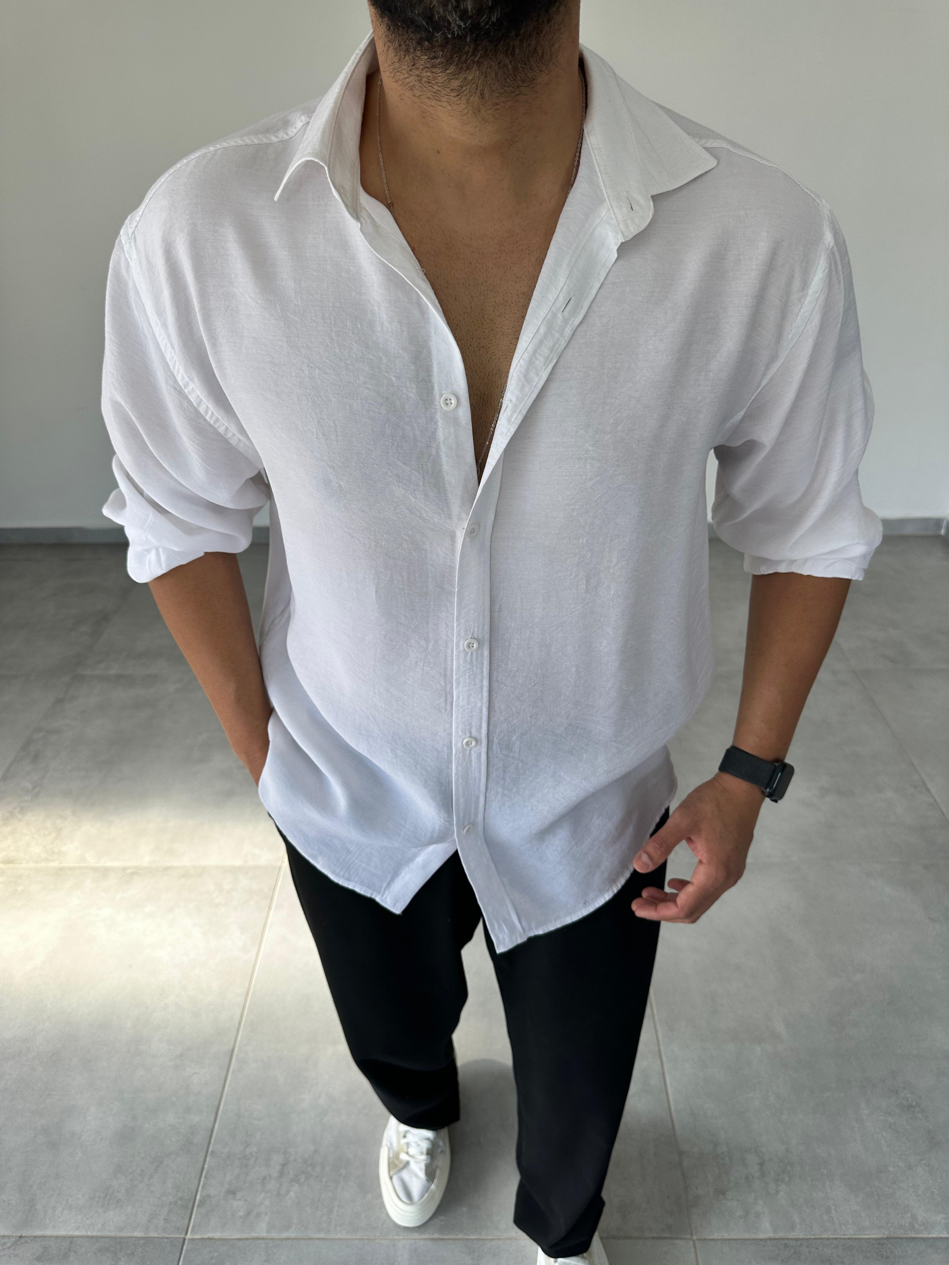 Modal Kumaş Beyaz Renk Oversize Kesim Gömlek