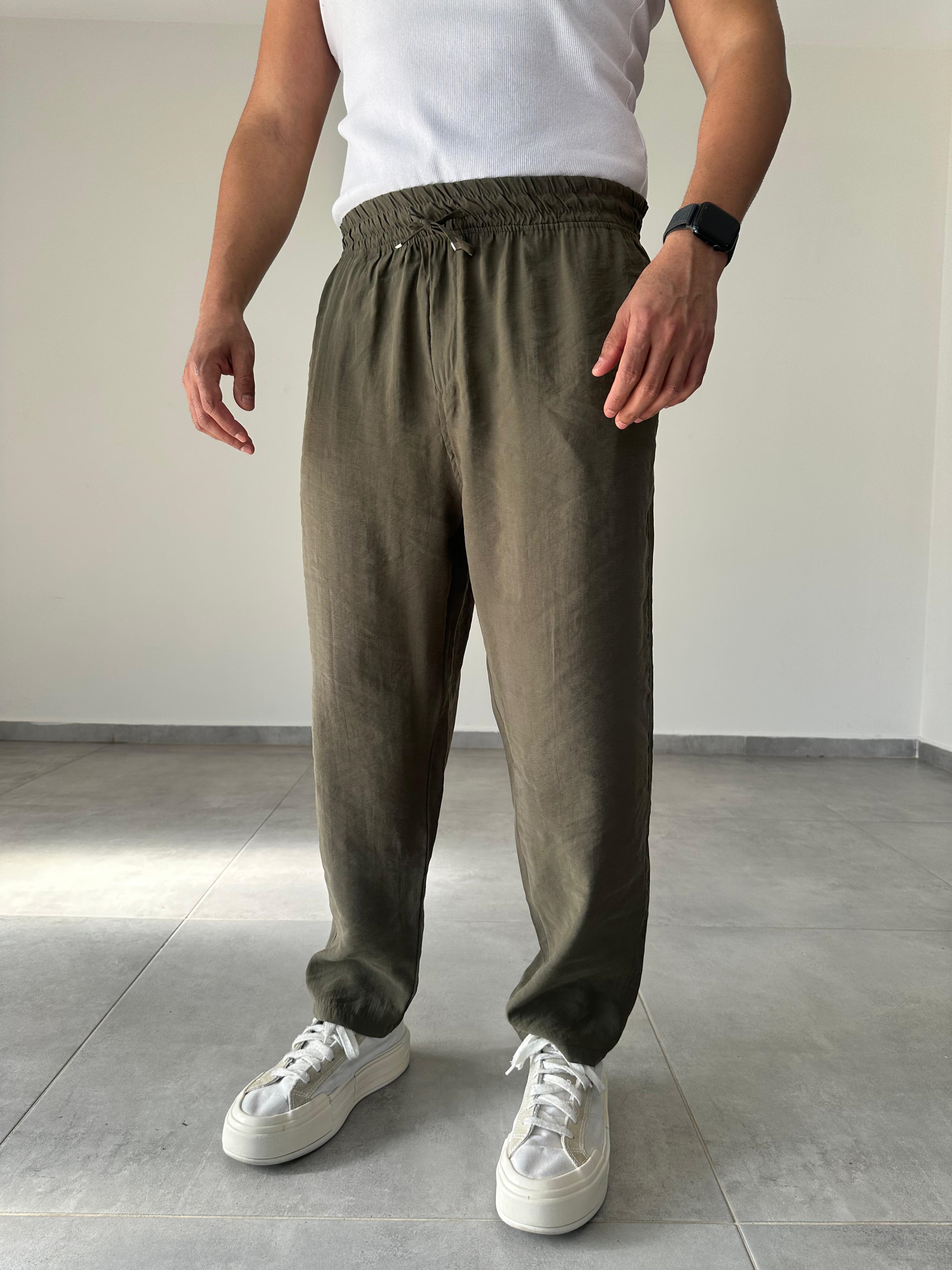 Tensel Kumaş Haki Yeşil Renk  Boyfriend Rahat Kesim İnce Jogger