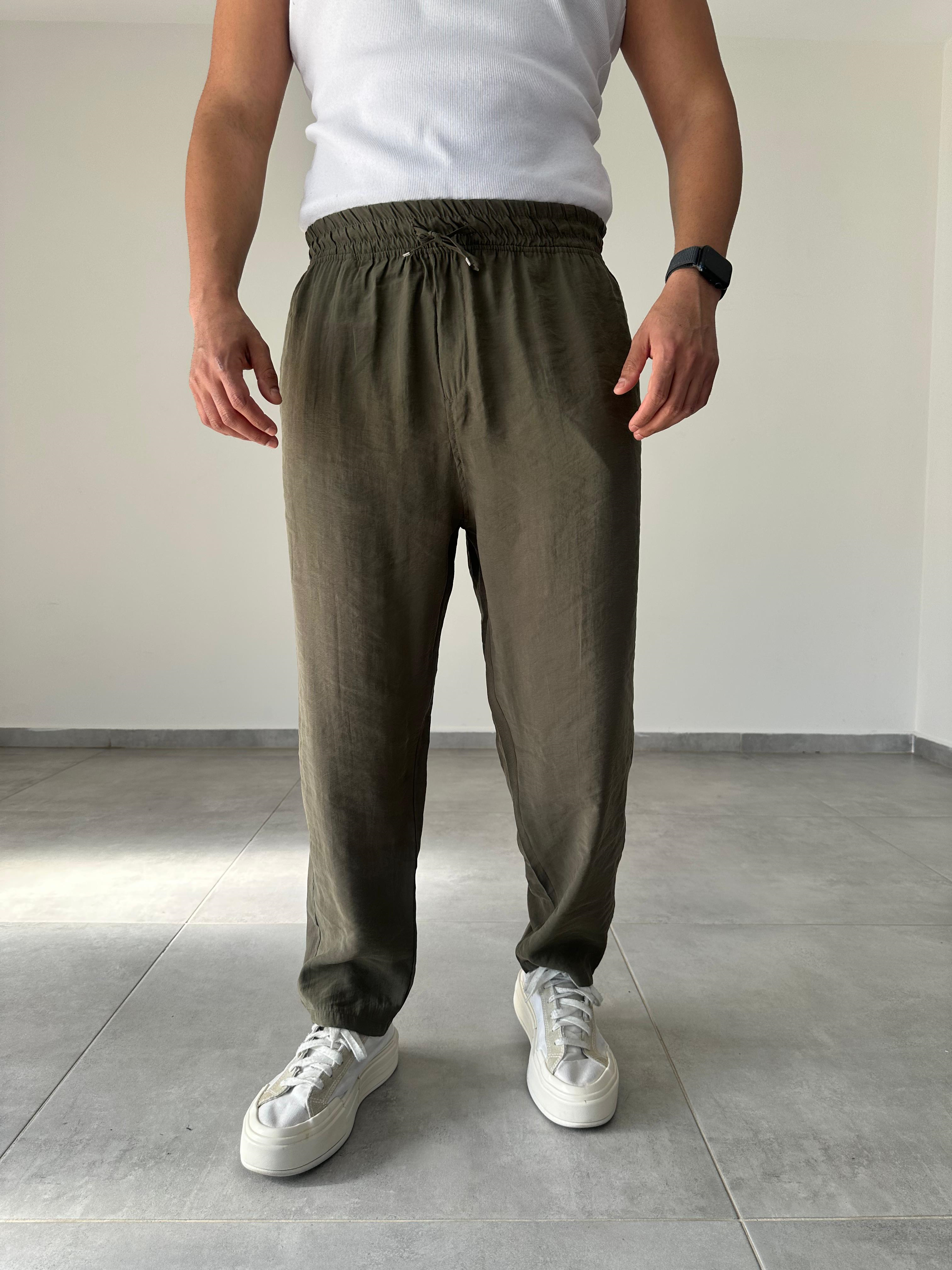 Tensel Kumaş Haki Yeşil Renk  Boyfriend Rahat Kesim İnce Jogger