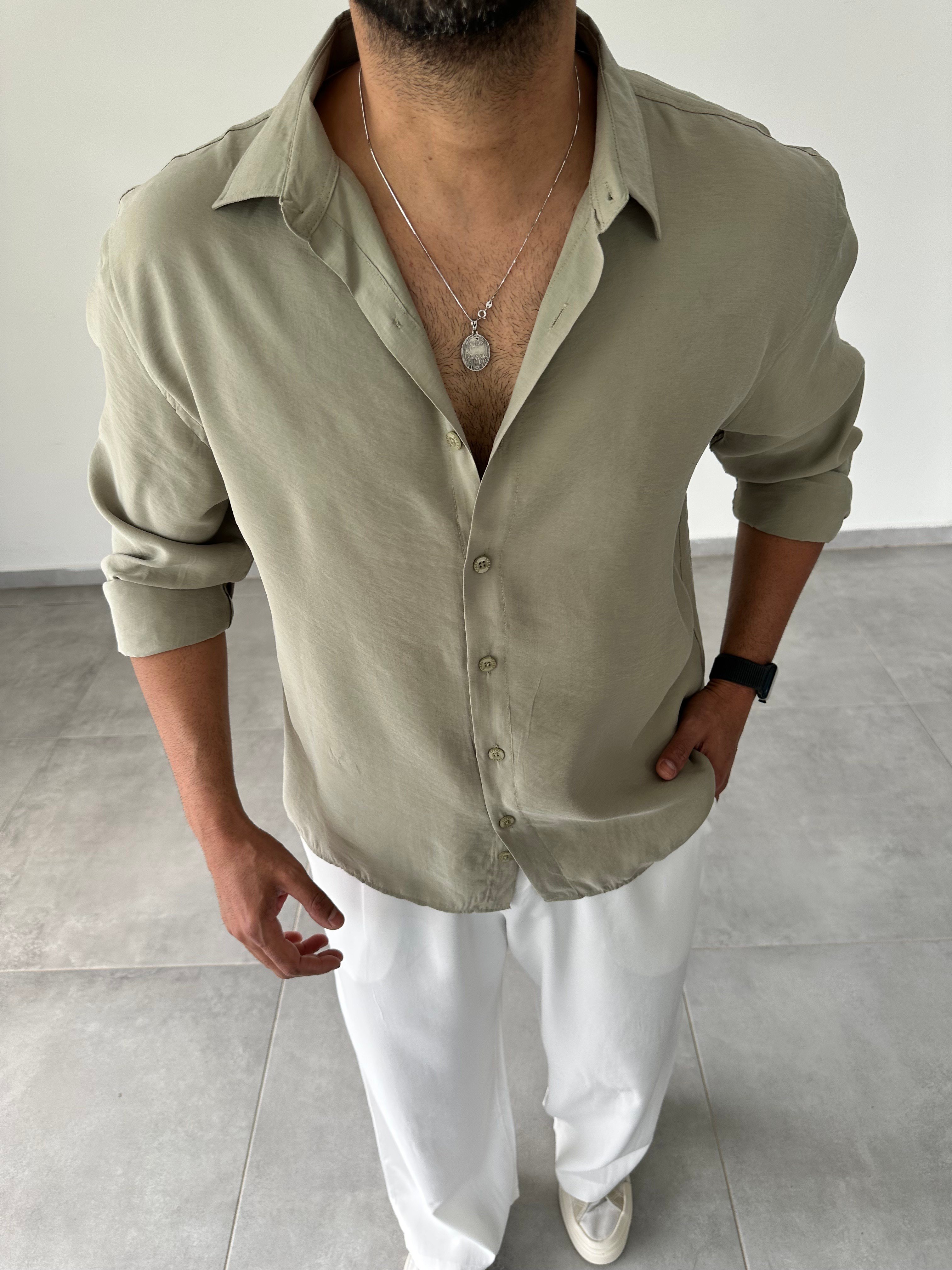 Küf Yeşili Modal Kumaş Oversize Basic Gömlek