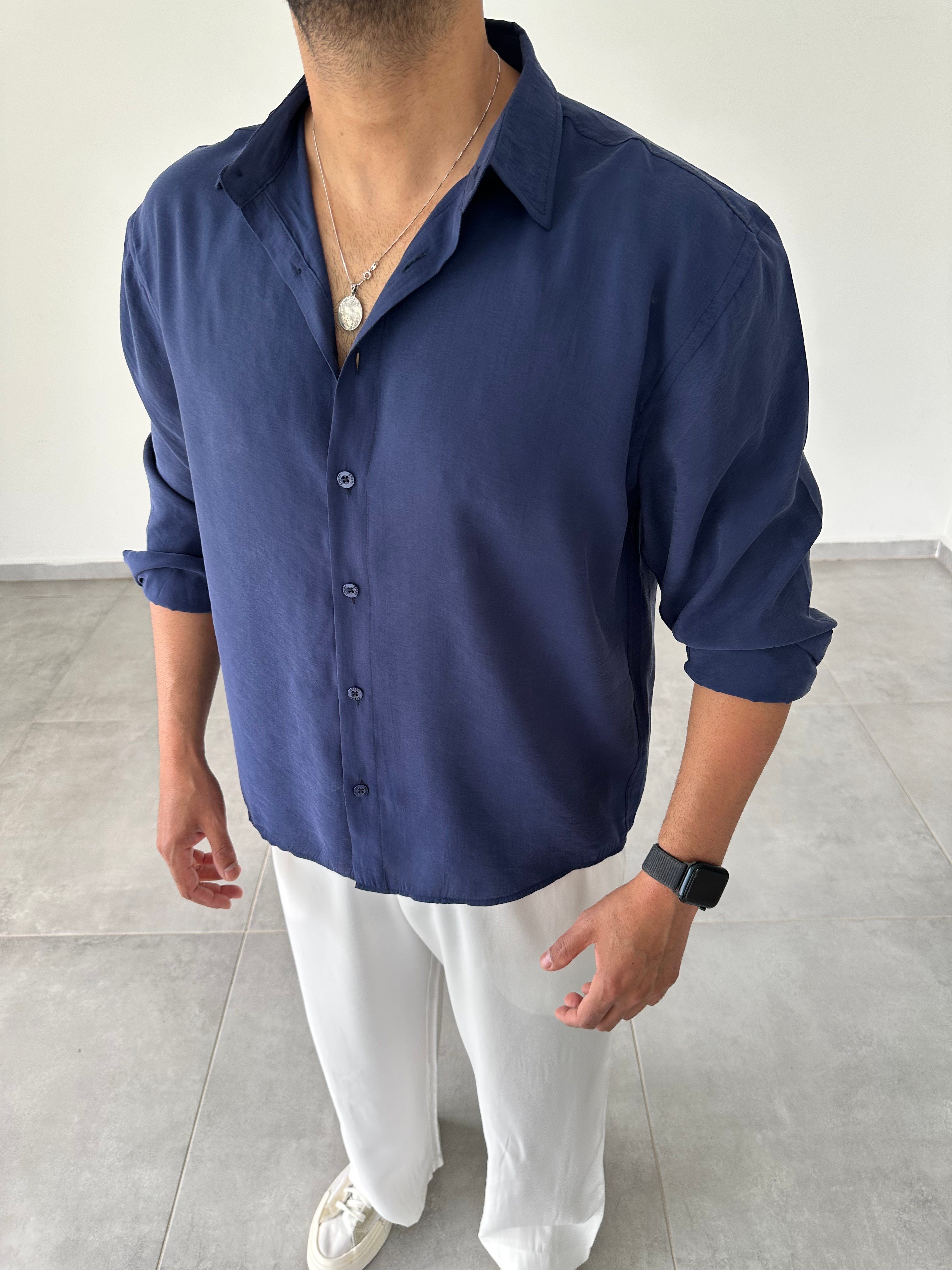 Lacivert Modal Kumaş Oversize Basic Gömlek