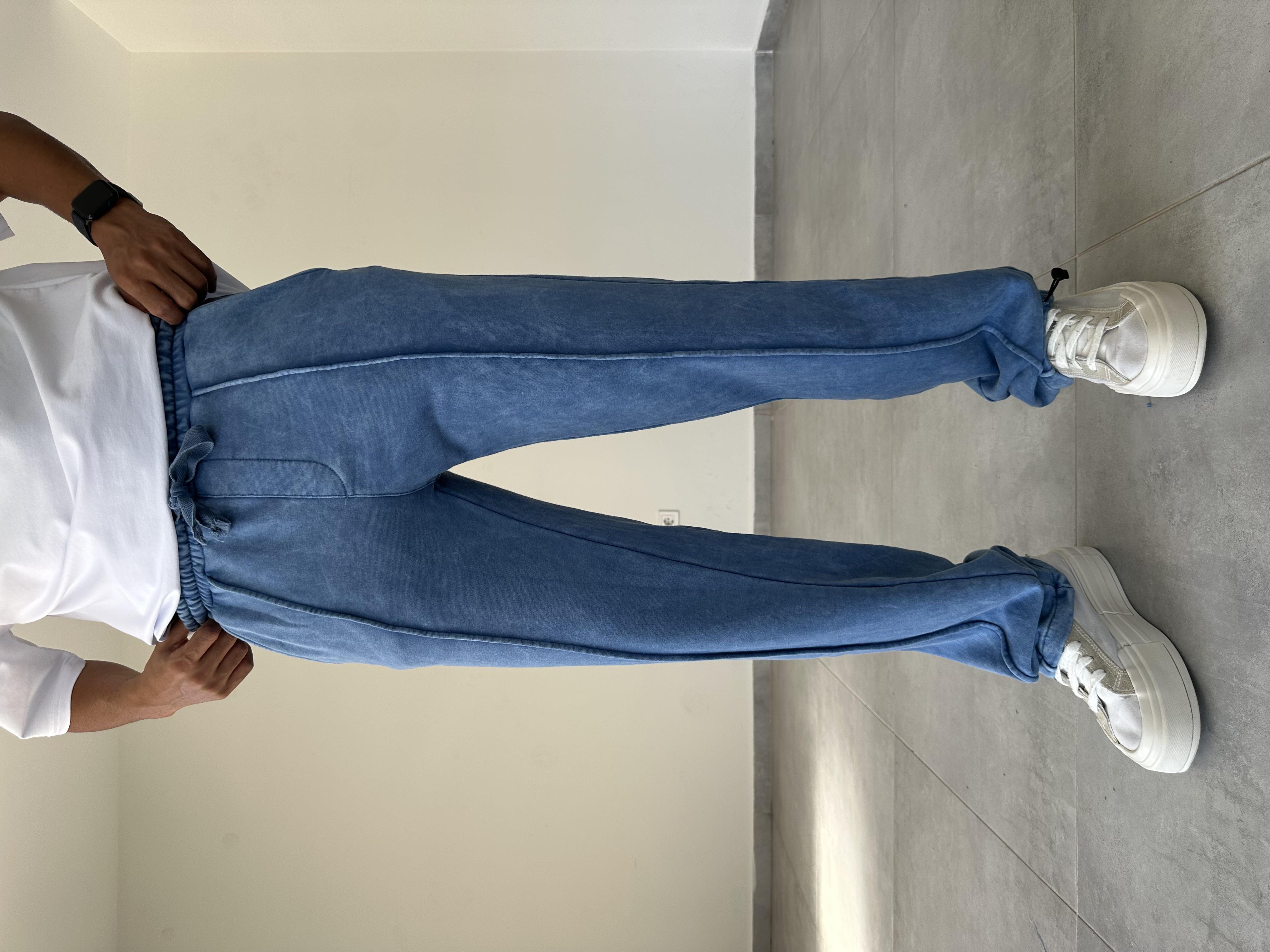 Ön Kısmı Çıma Detaylı Mavi Renk Yıkamalı Kumaş Paça Kısmı Stoperli Baggy Eşofman