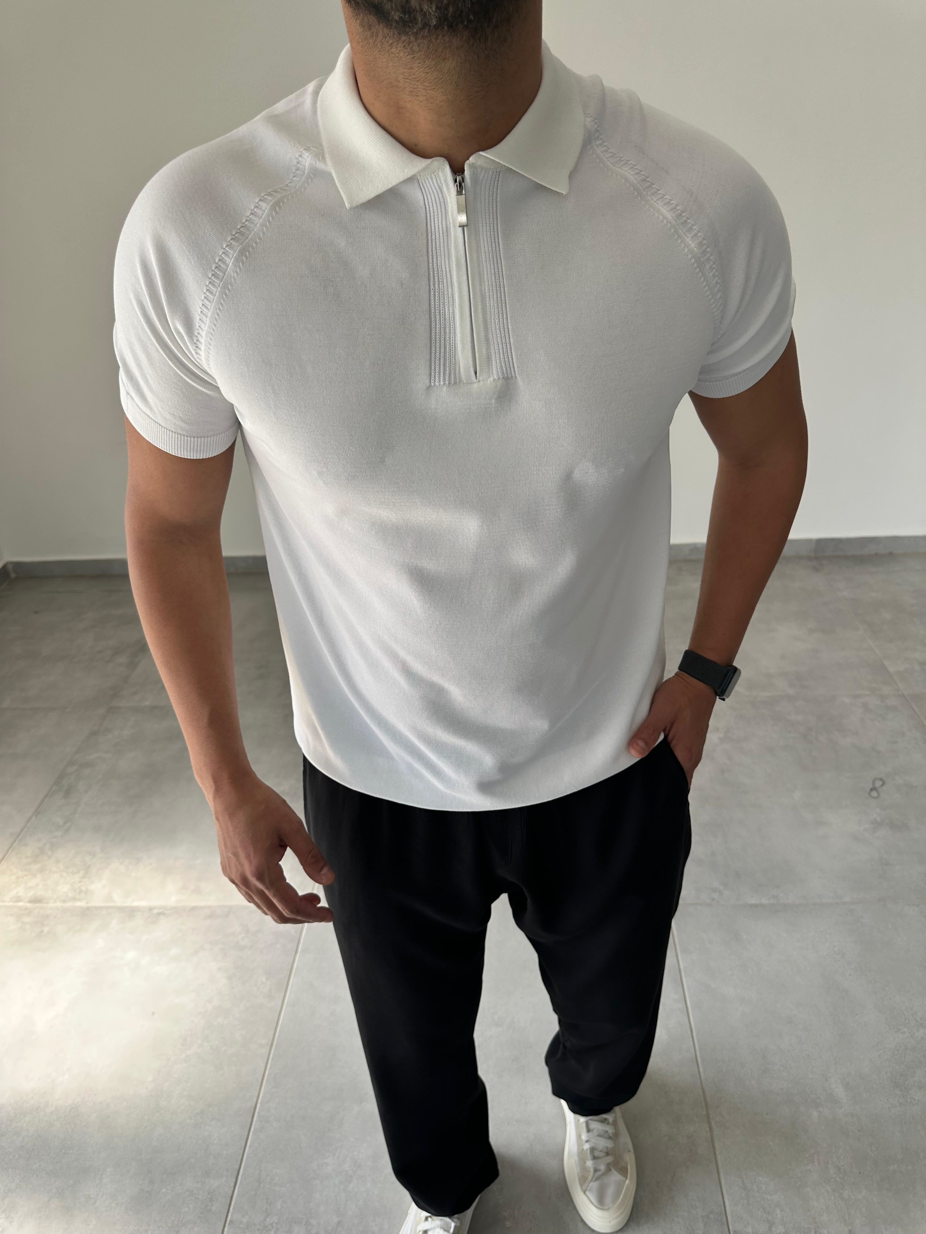Polo Yaka Örgü Desenli Beyaz Renk Triko T-Shirt