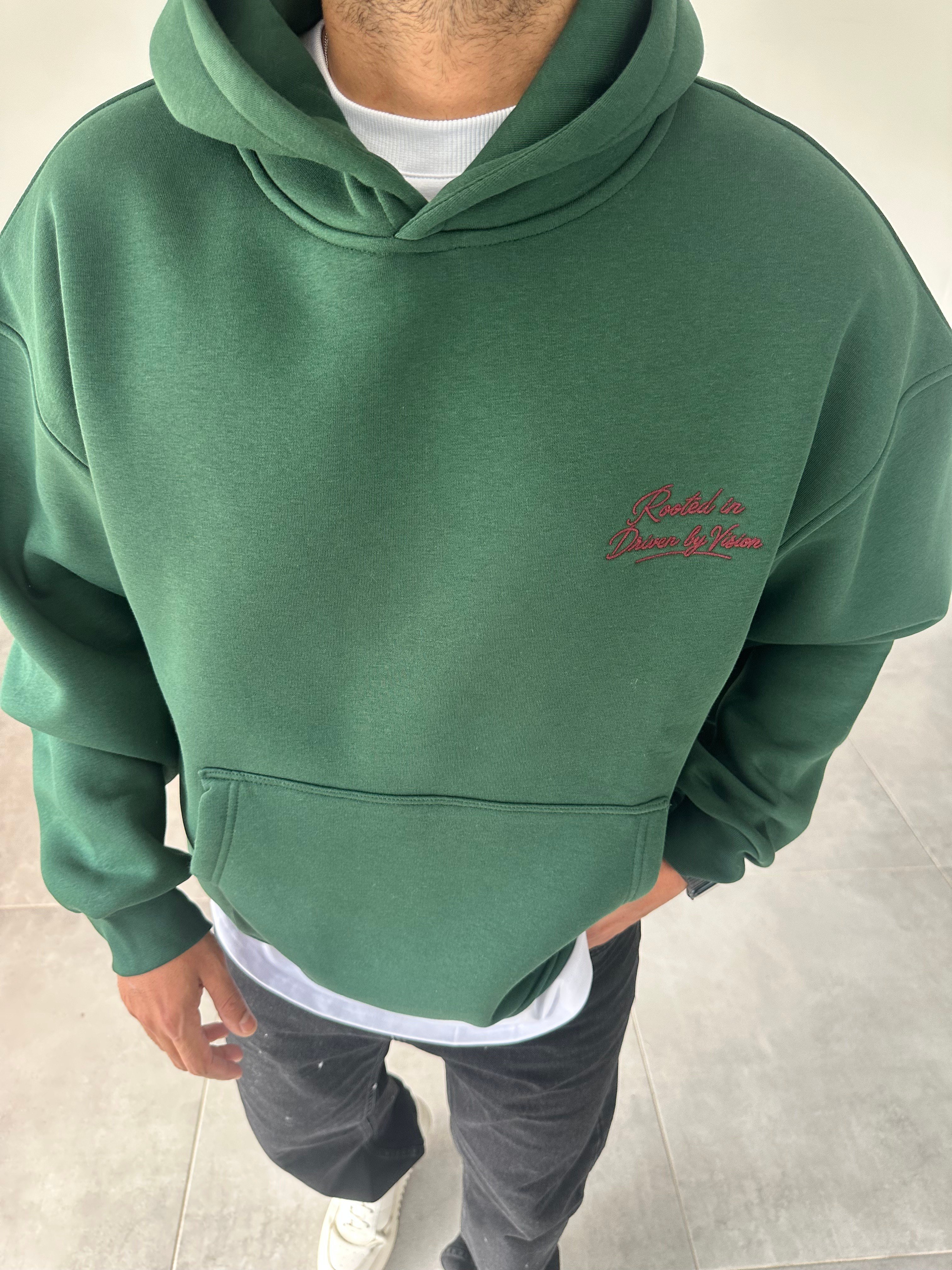 Pantch Ve Baskı Detaylı Yeşil Renk Premium Kapüşonlu Sweatshirt