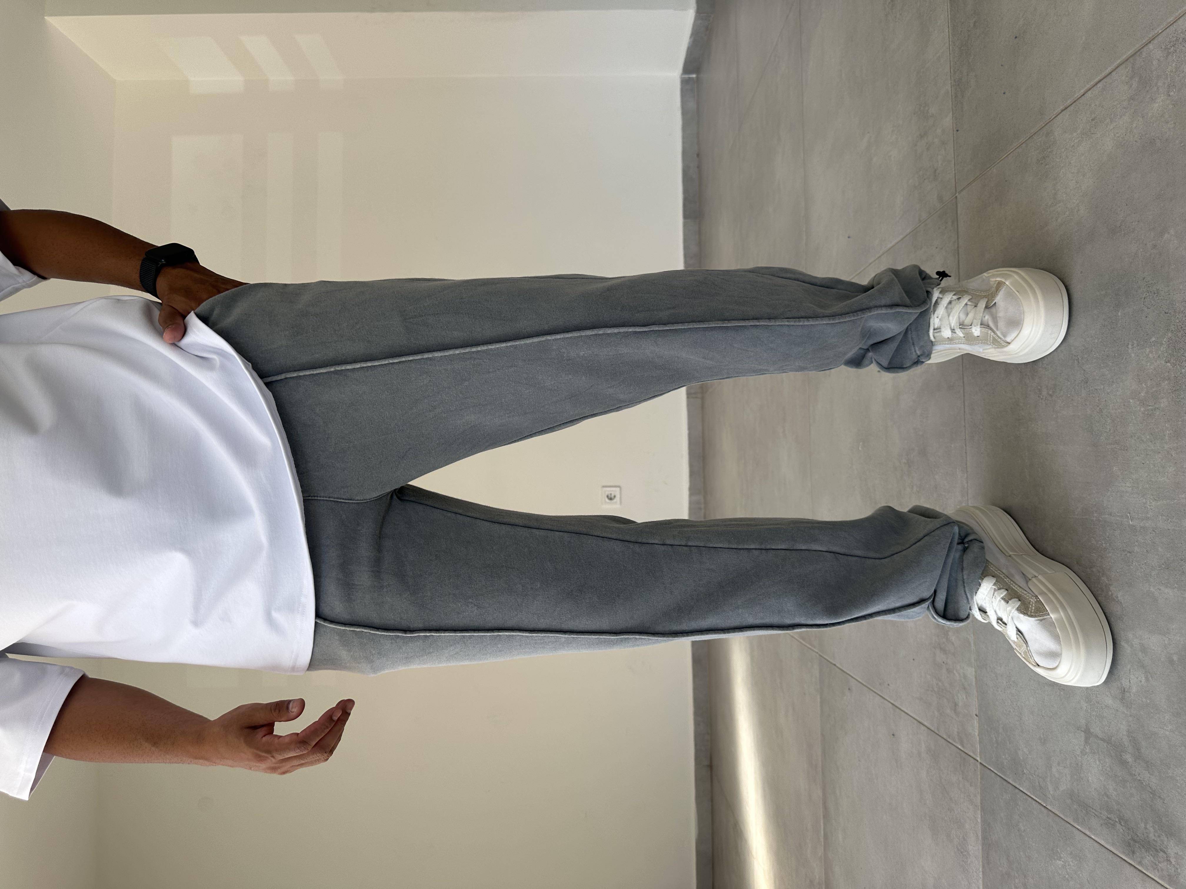 Ön Kısmı Çıma Detaylı Gri Renk Yıkamalı Kumaş Paça Kısmı Stoperli Baggy Eşofman