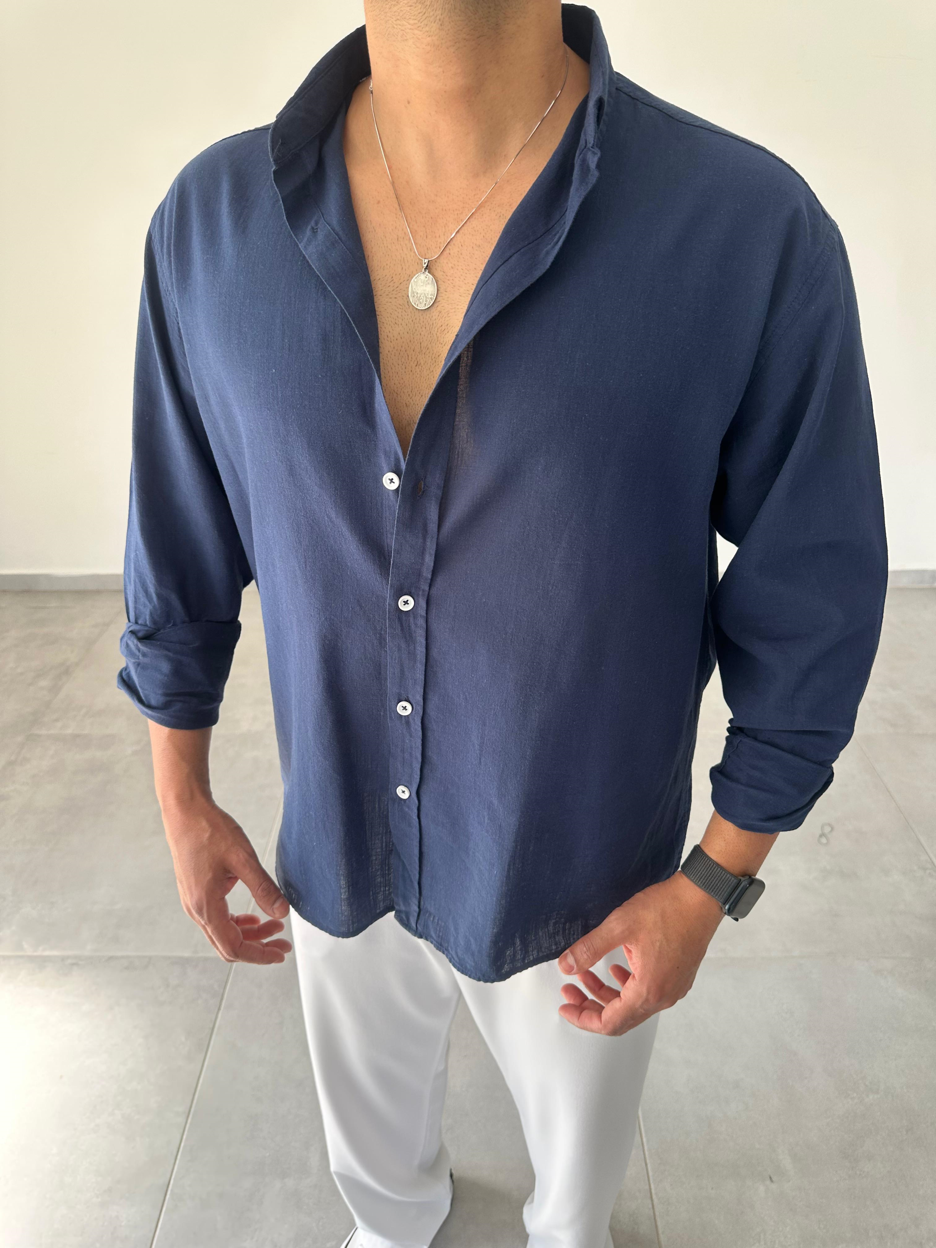 Lacivert Renk Oversize Kesim Fresh Keten Gömlek