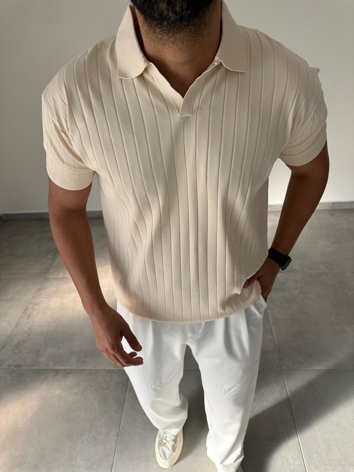 Bej Renk Şerit Detaylı Polo Yaka T-Shirt