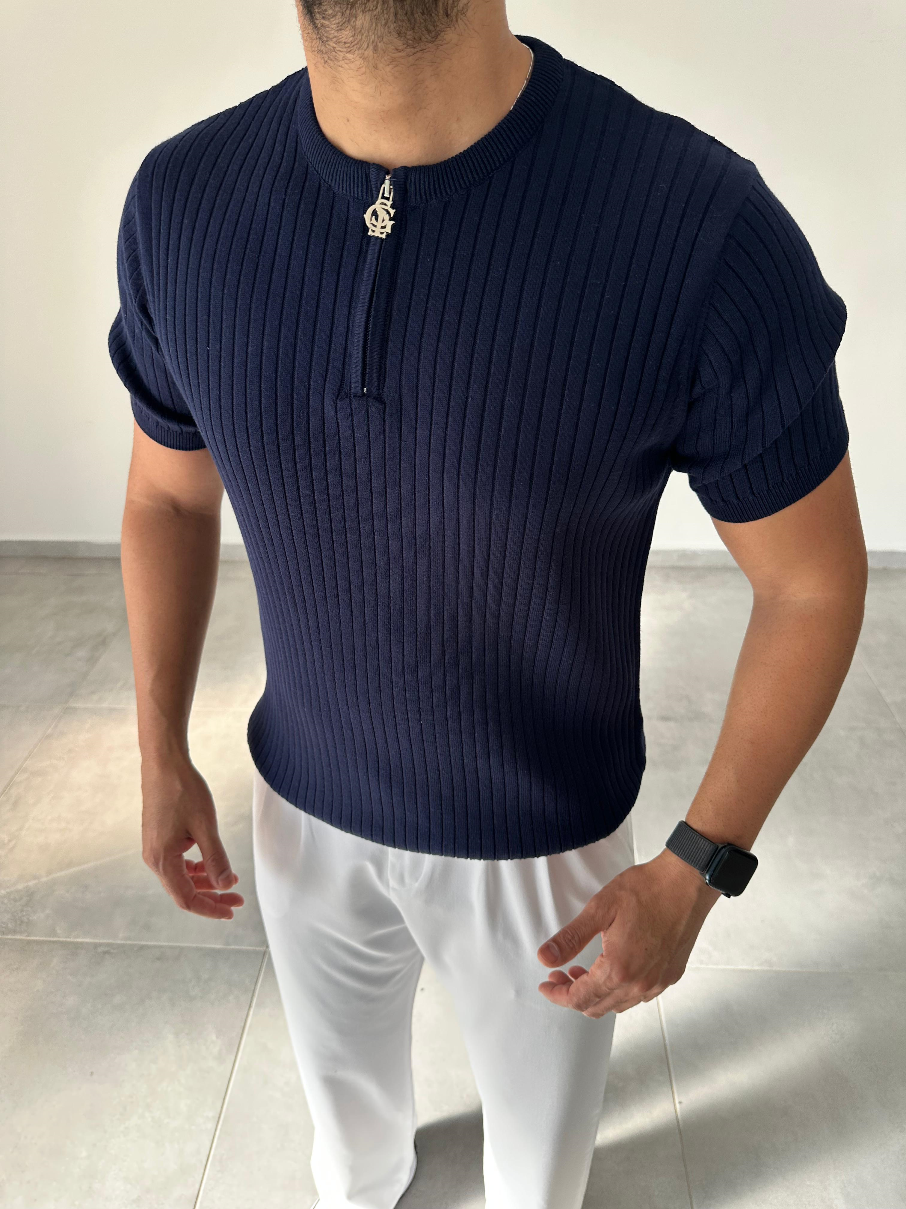 Lacivert Renk Fermuar Detaylı Premium Kalite Basic Triko T-Shirt