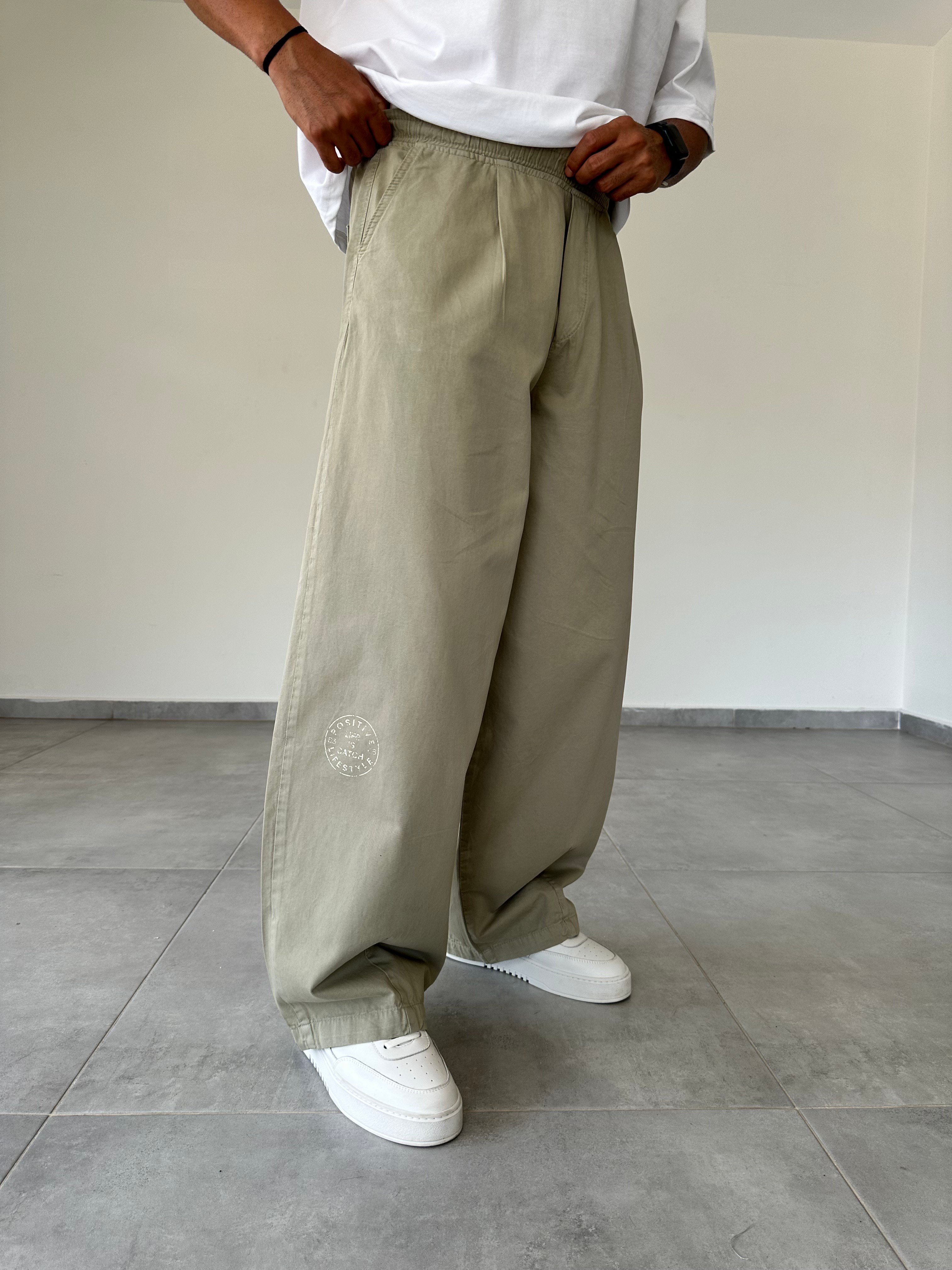 Yeşil Renk 1974 Baskı Detaylı Ekstra Bol Gabardin Baggy