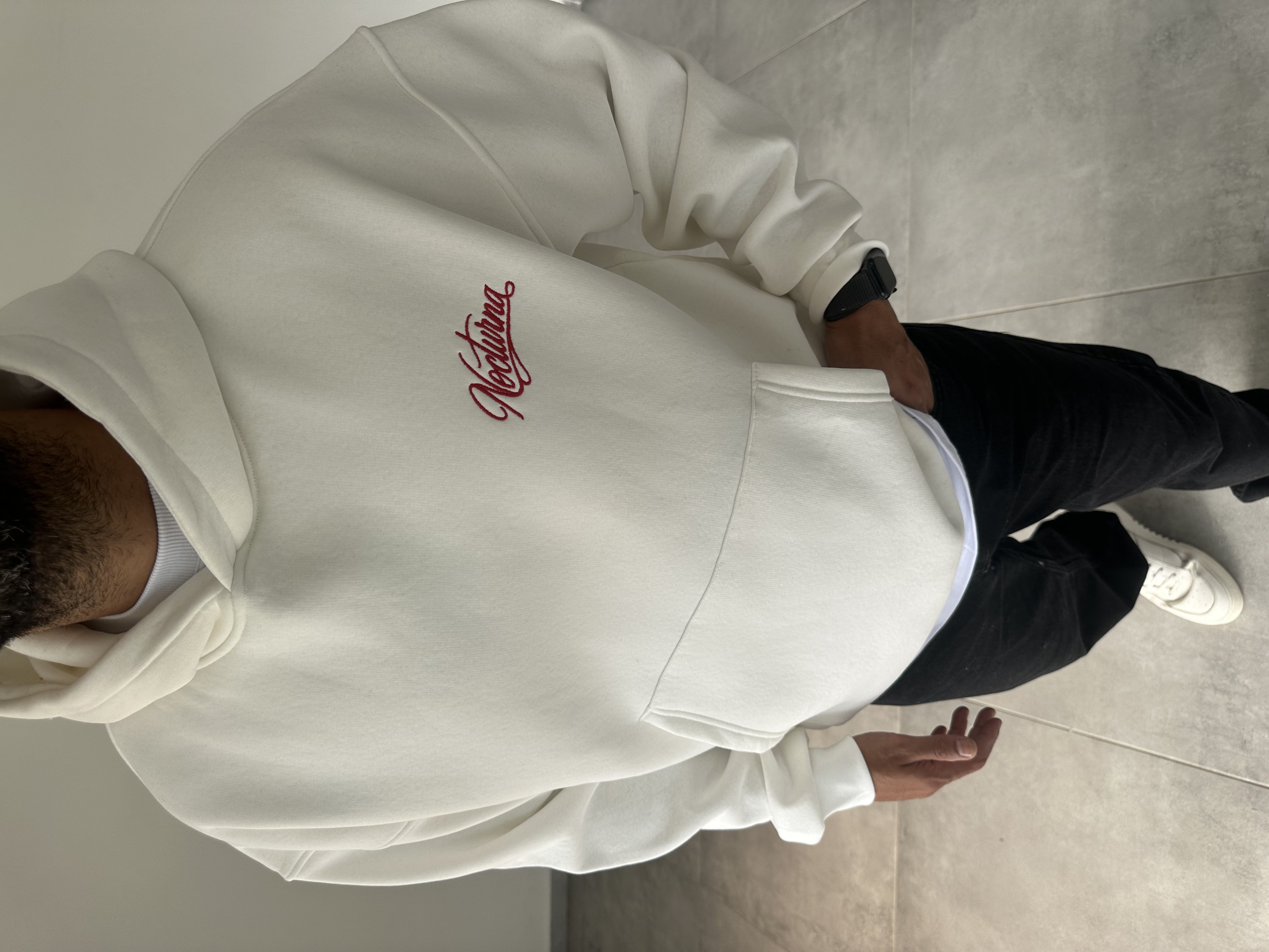 Beyaz Nocturna Pantch Ve Baskı Detaylı Premium Kapüşonlu Sweatshirt