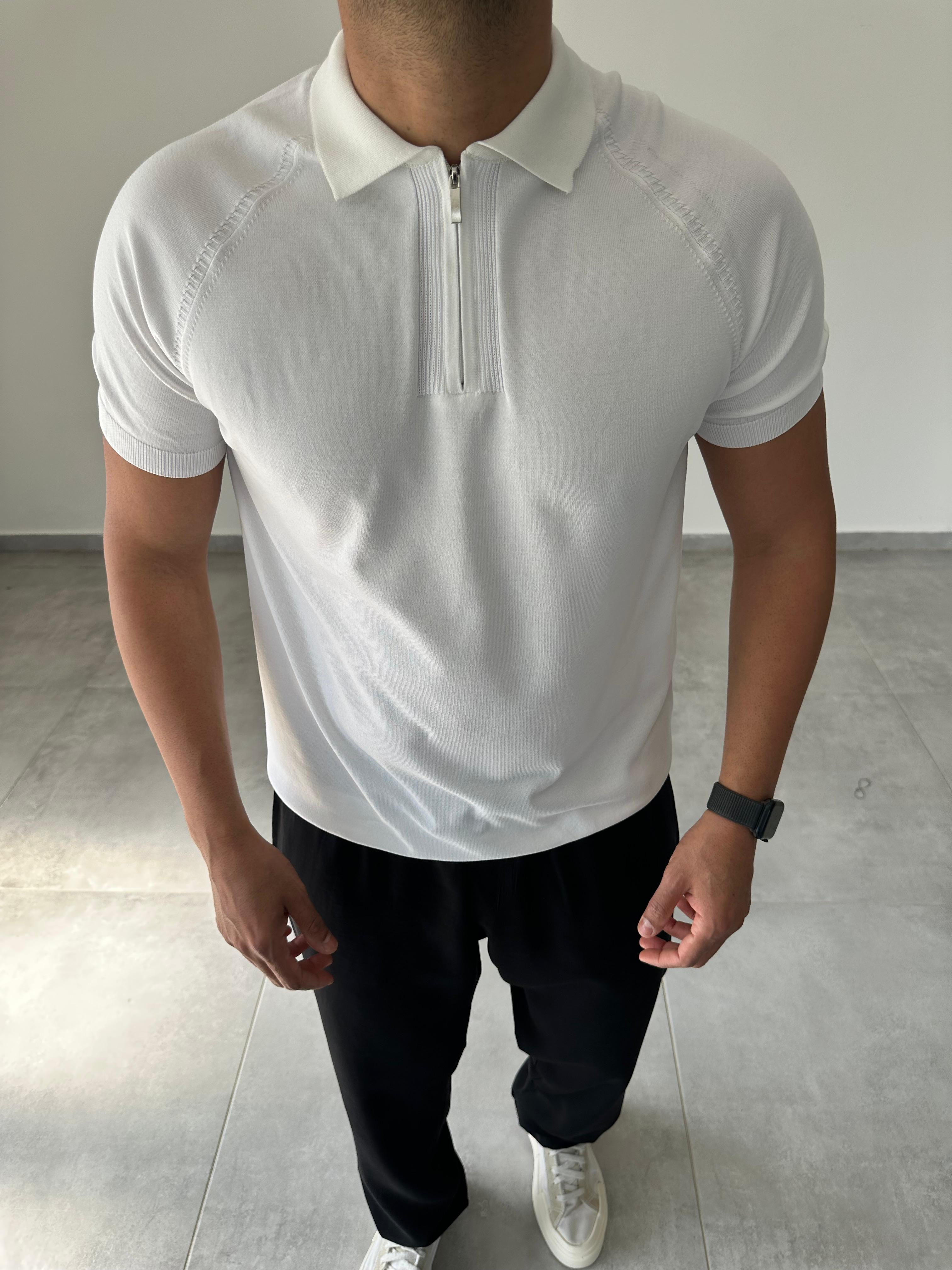 Polo Yaka Örgü Desenli Beyaz Renk Triko T-Shirt