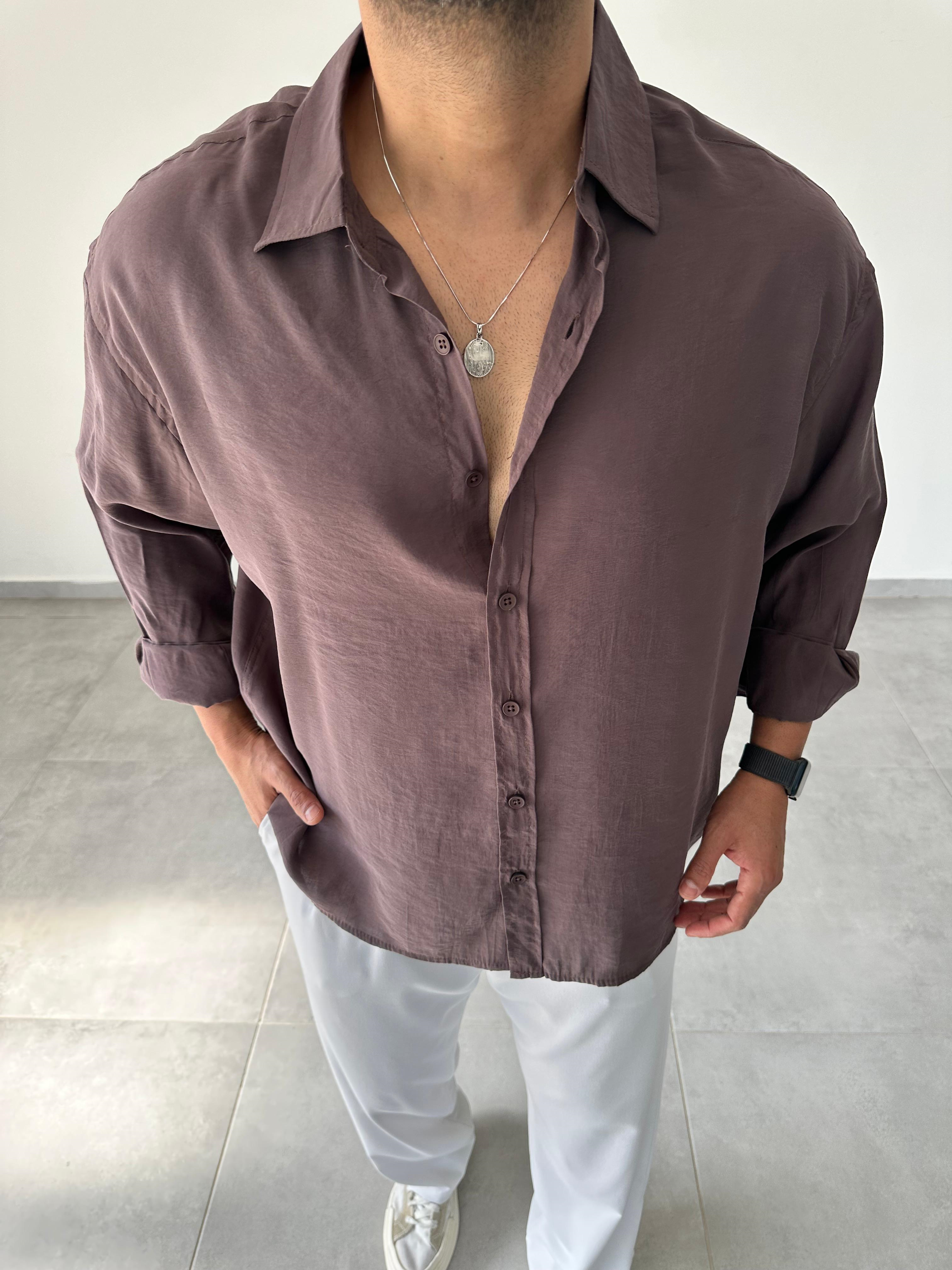 Kahve Renk Modal Kumaş Oversize Kesim Basic Gömlek