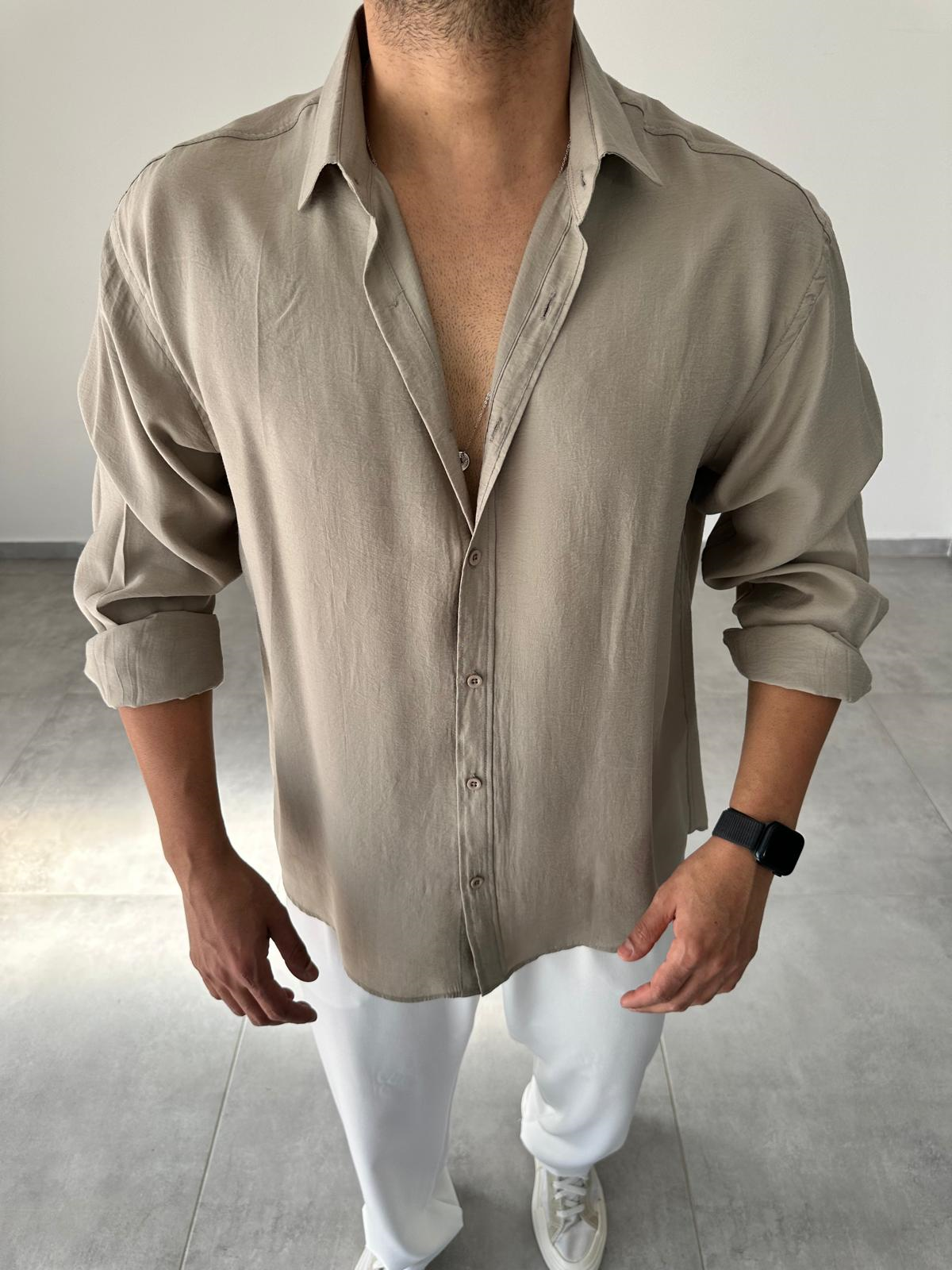 Modal Kumaş Haki Yeşil Renk Oversize Kesim Gömlek