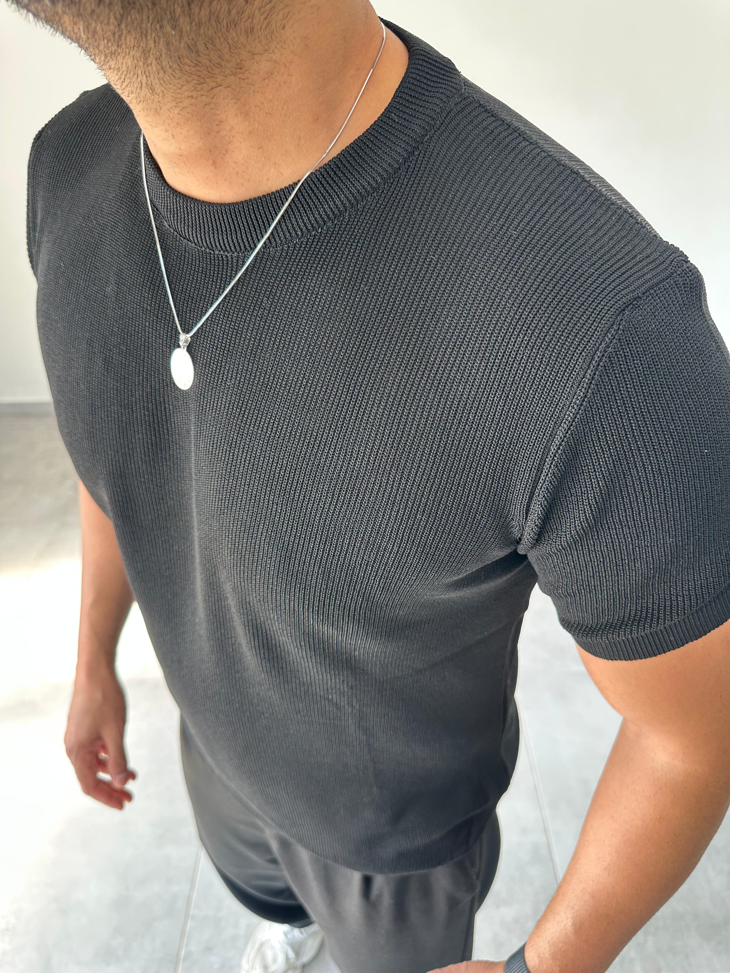 Siyah Renk Selanik Örme Regular Fit T-Shirt