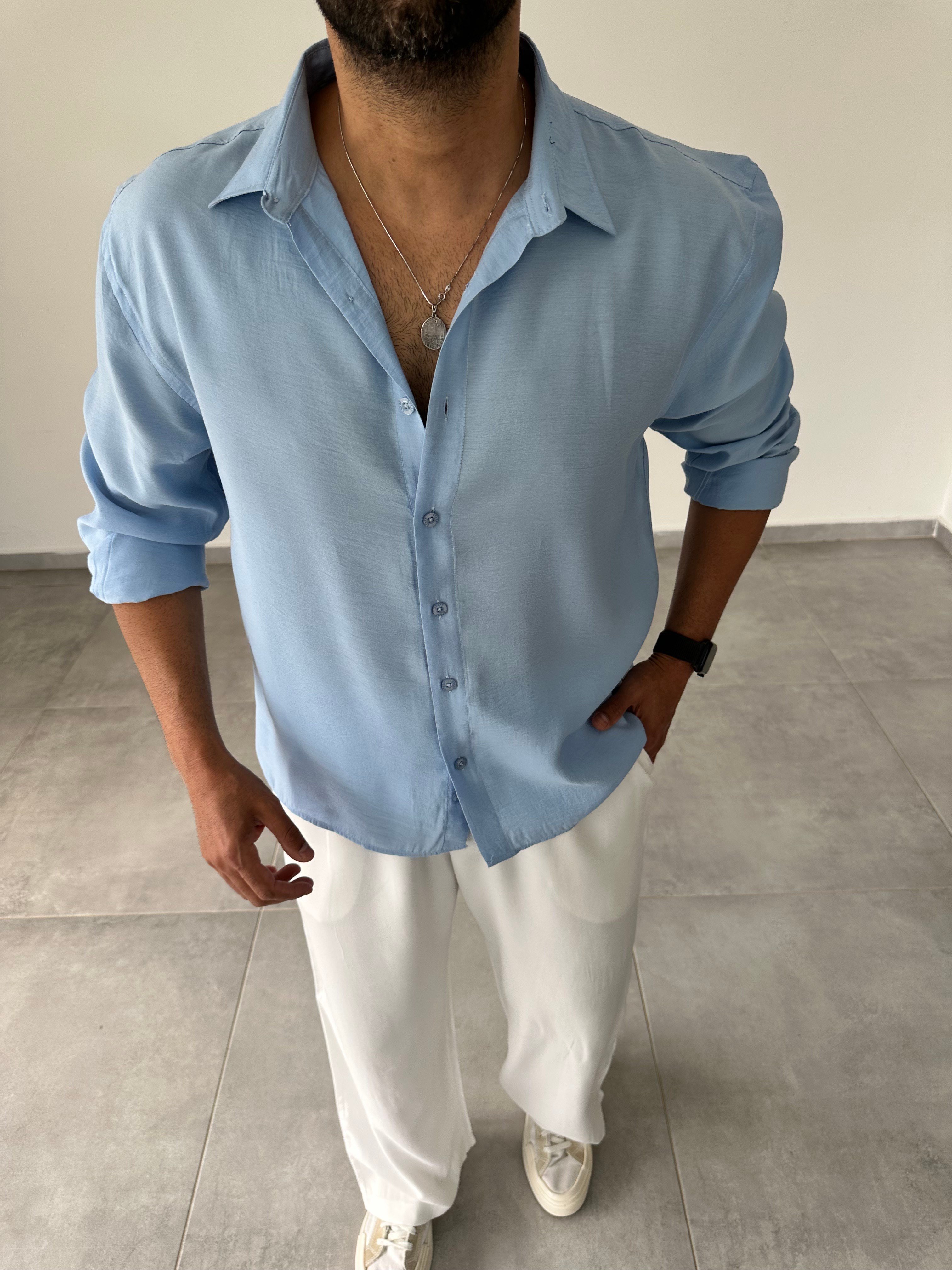 Bebe Mavisi Modal Kumaş Oversize Basic Gömlek
