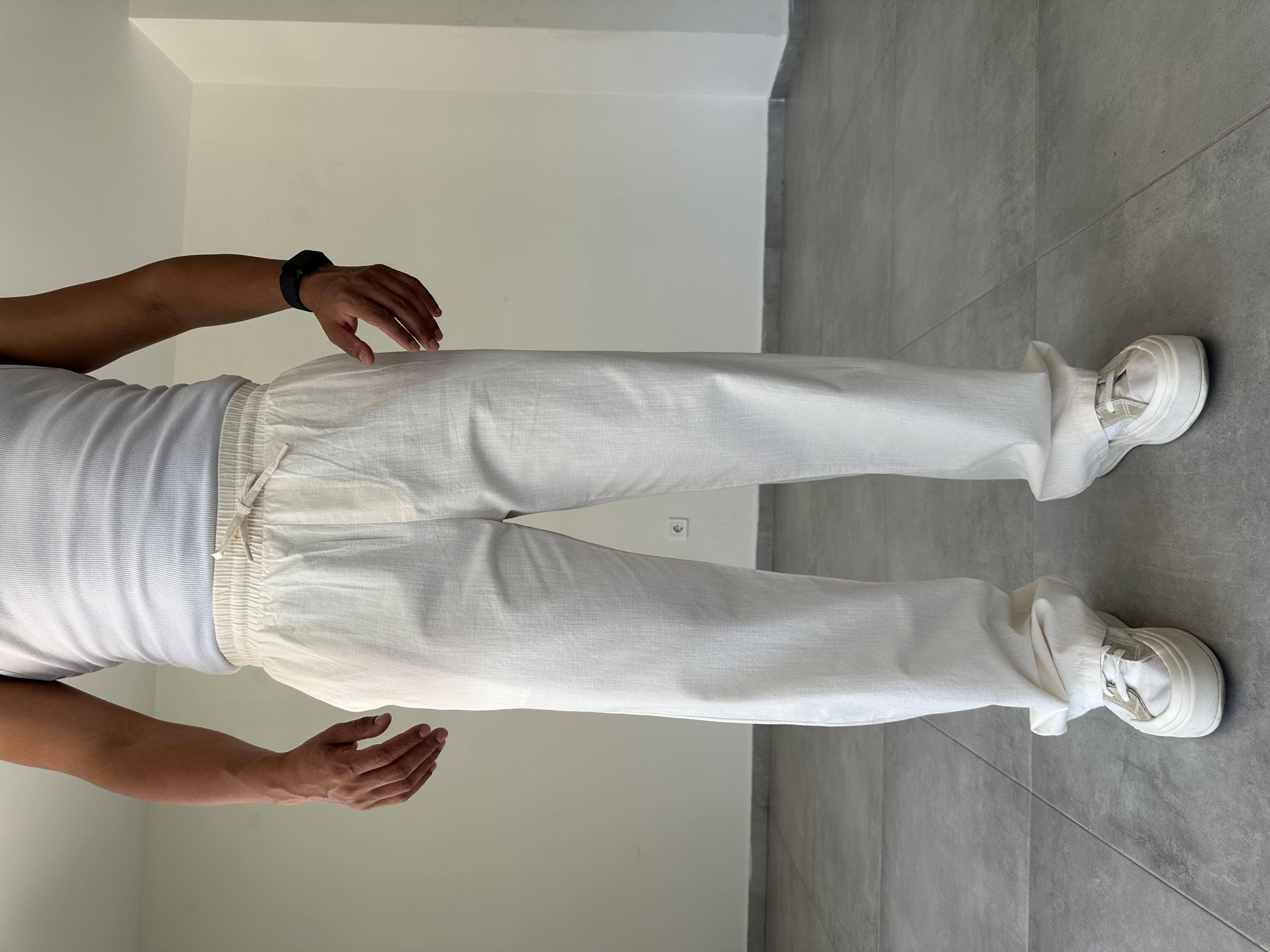 Bej Renk Bel Kısmı Lastikli Basic Baggy Keten Pantolon