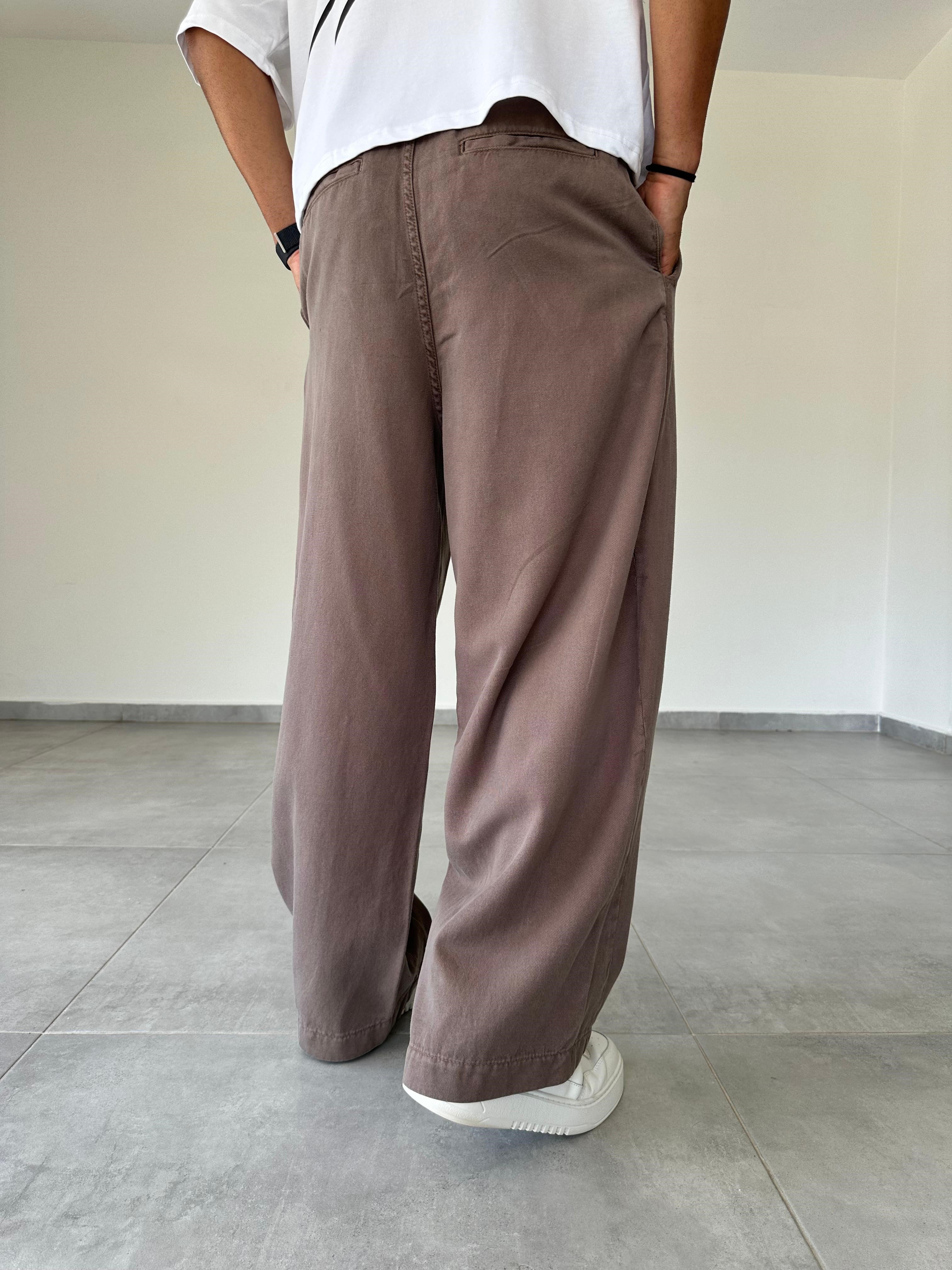 Kahve Renk  Dikiş Detaylı Bol Kesim Gabardin Baggy