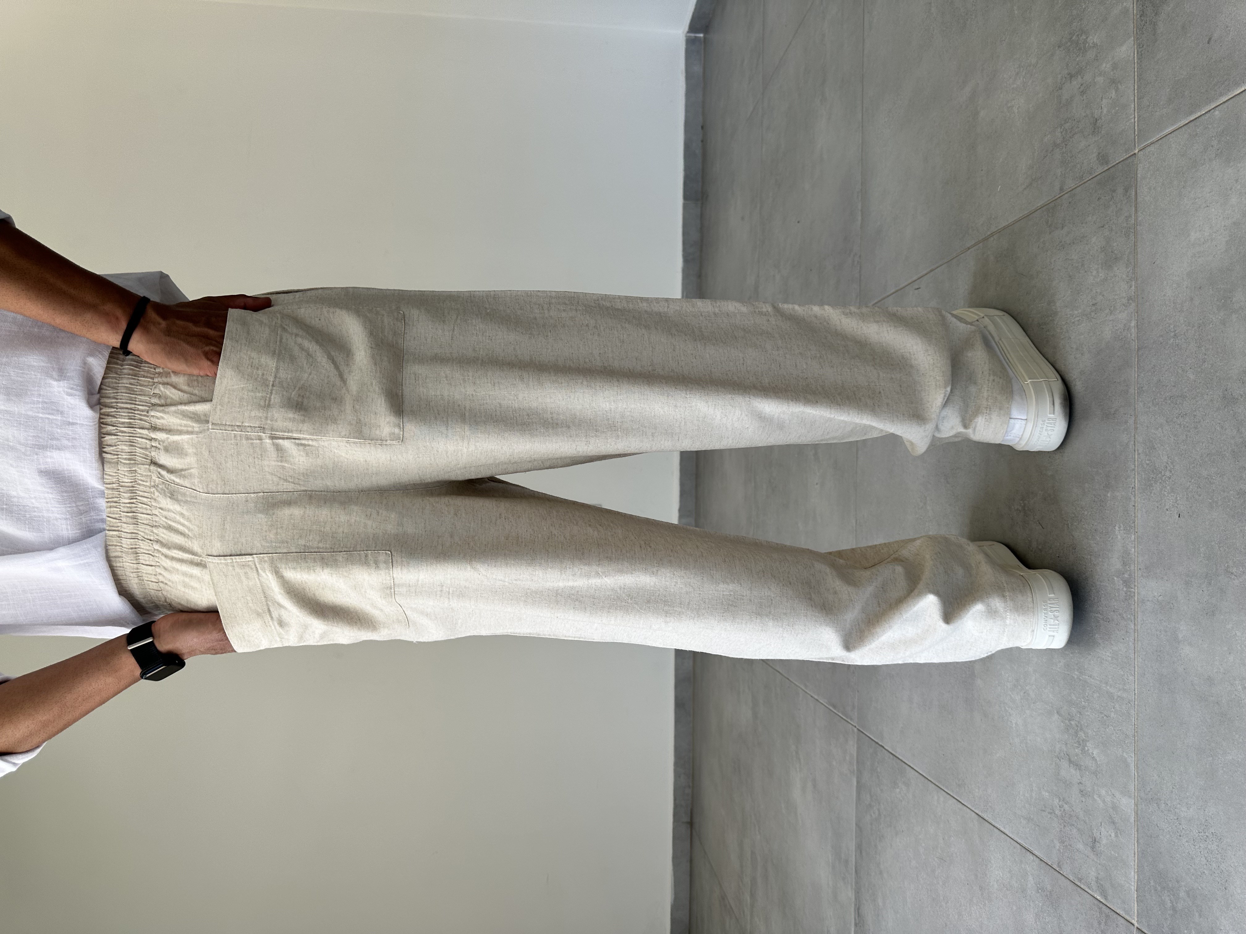Bej Renk Yumuşak Keten Baggy Pantolon