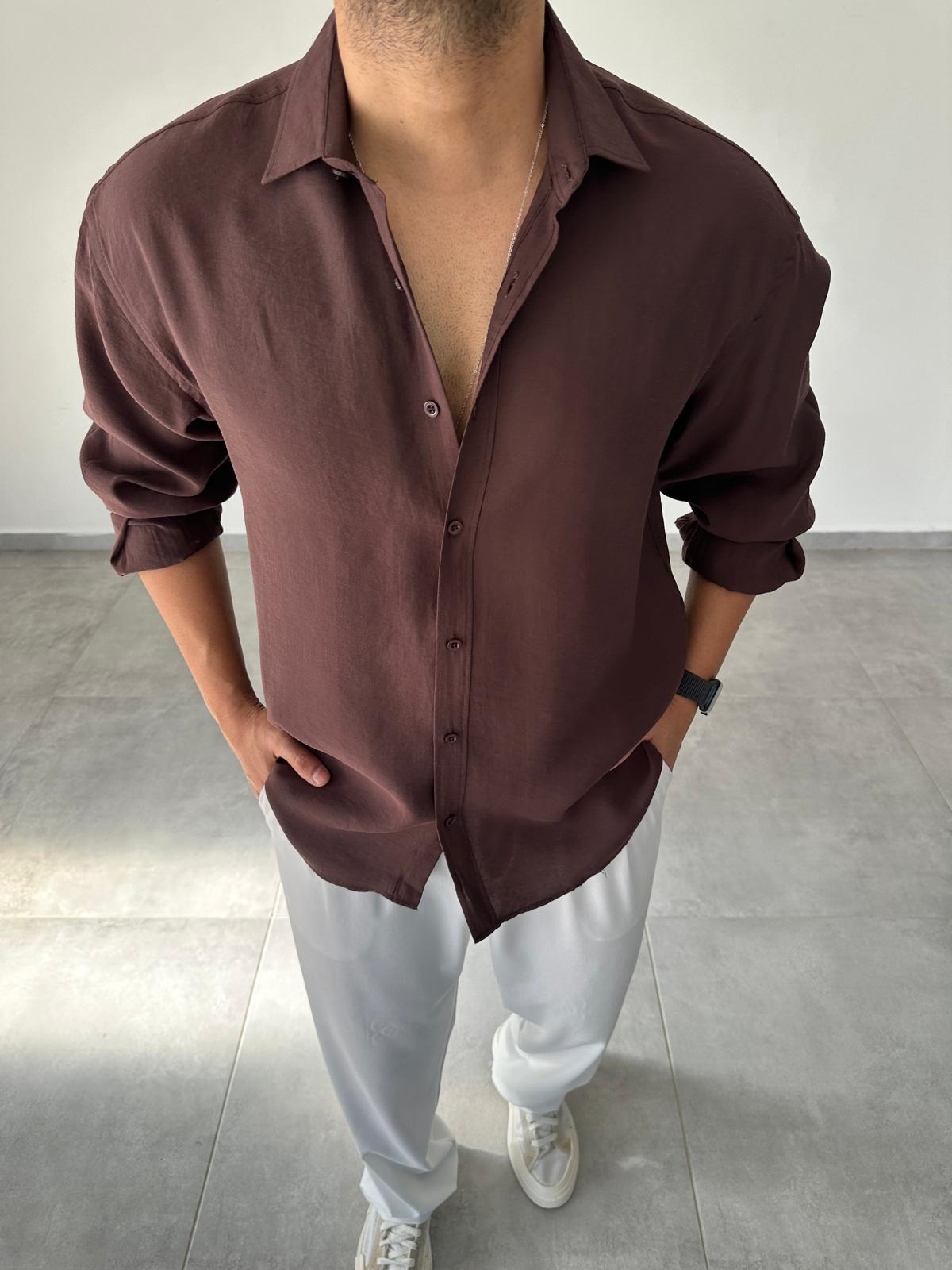 Modal Kumaş Kahve Renk Oversize Kesim Gömlek