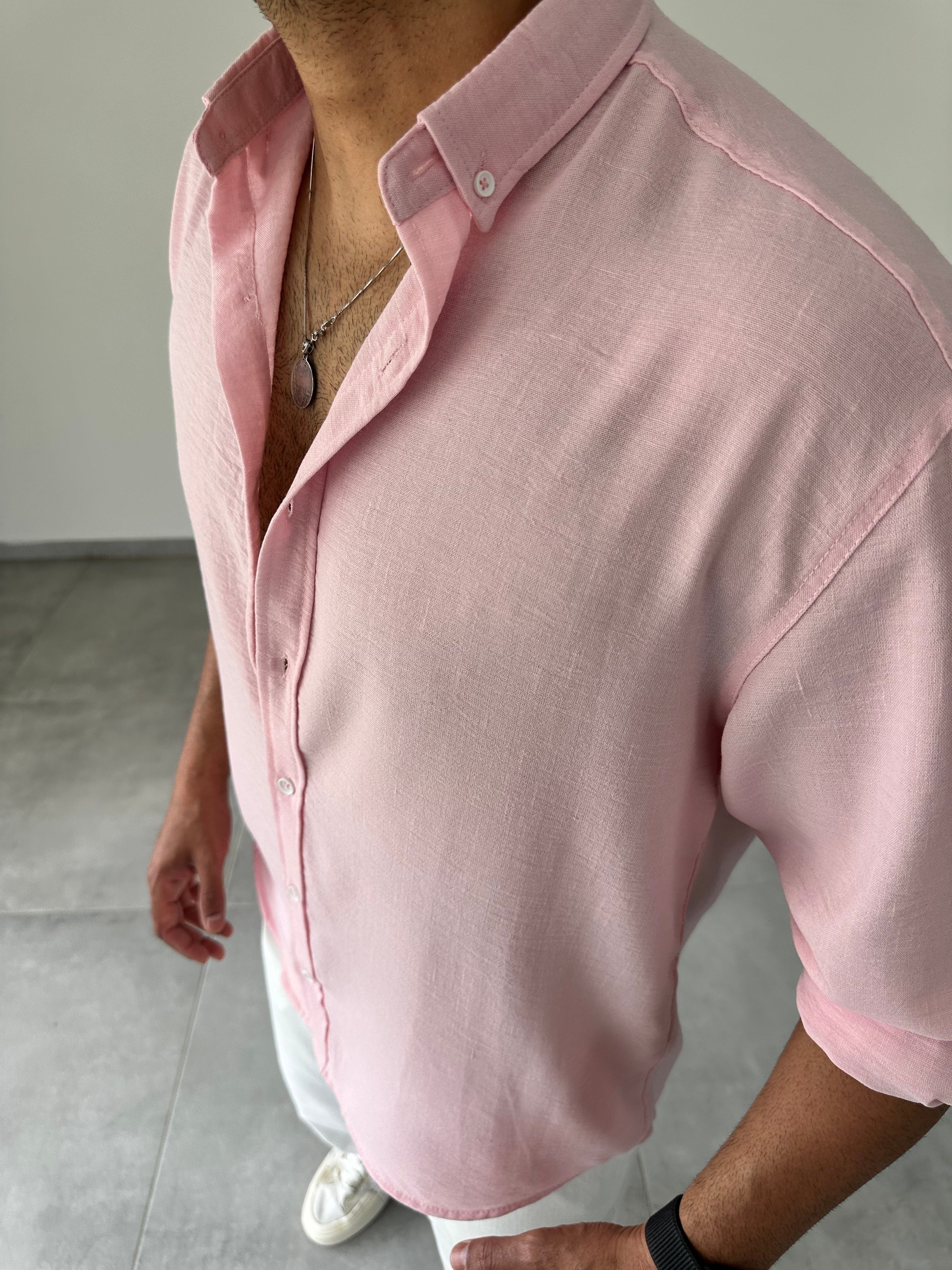 Pembe Renk Relax Fit Keten Gömlek