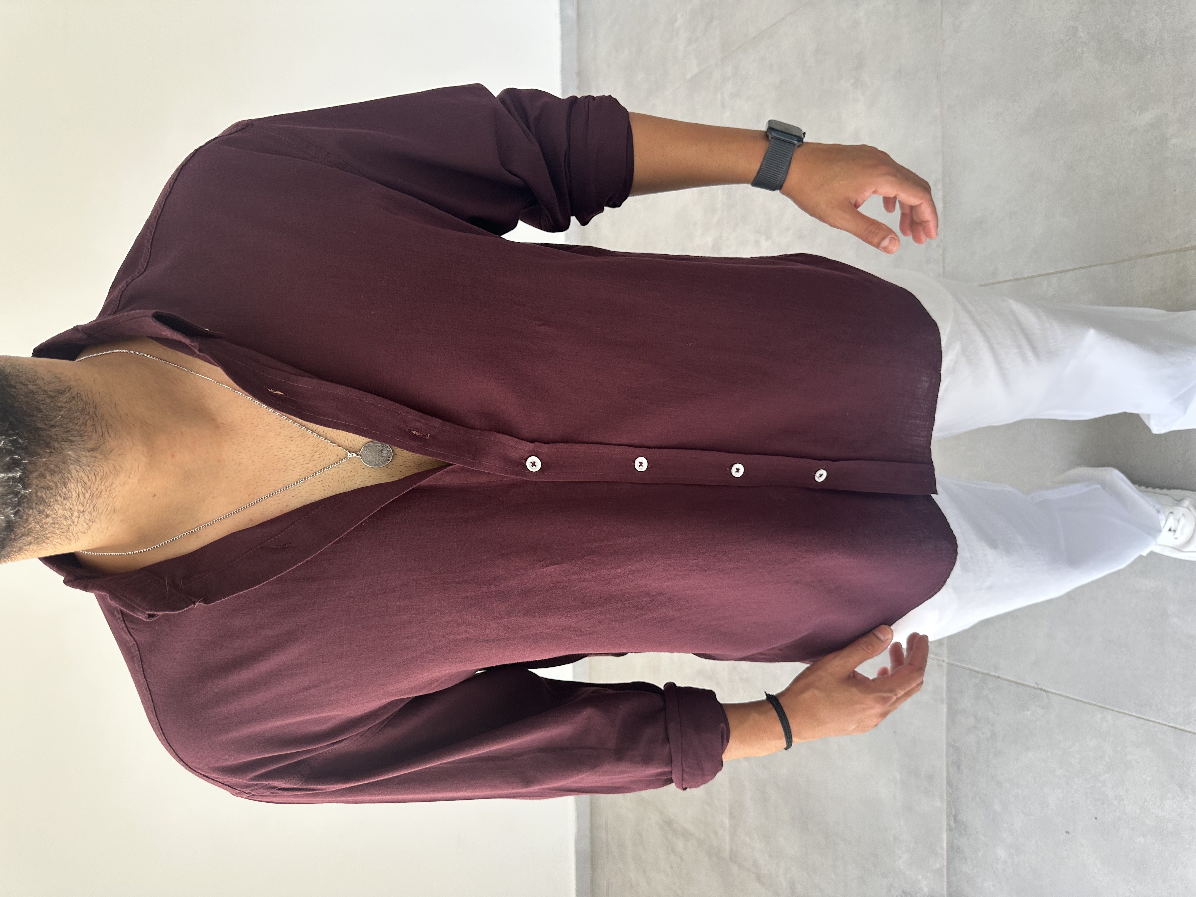 Mürdüm Renk Oversize Kesim Fresh Keten Gömlek