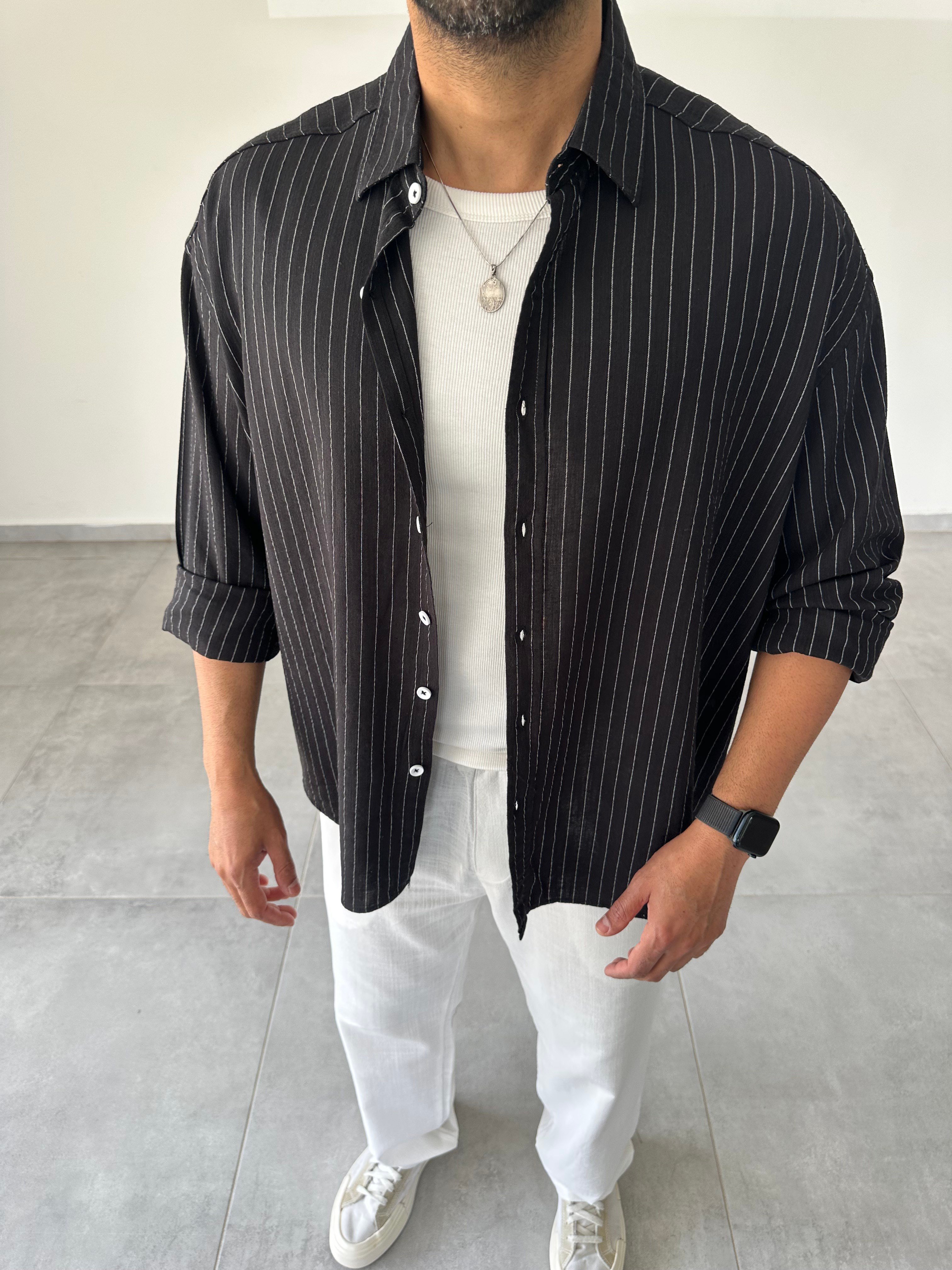 Siyah Renk Çizgili Oversize Keten Gömlek