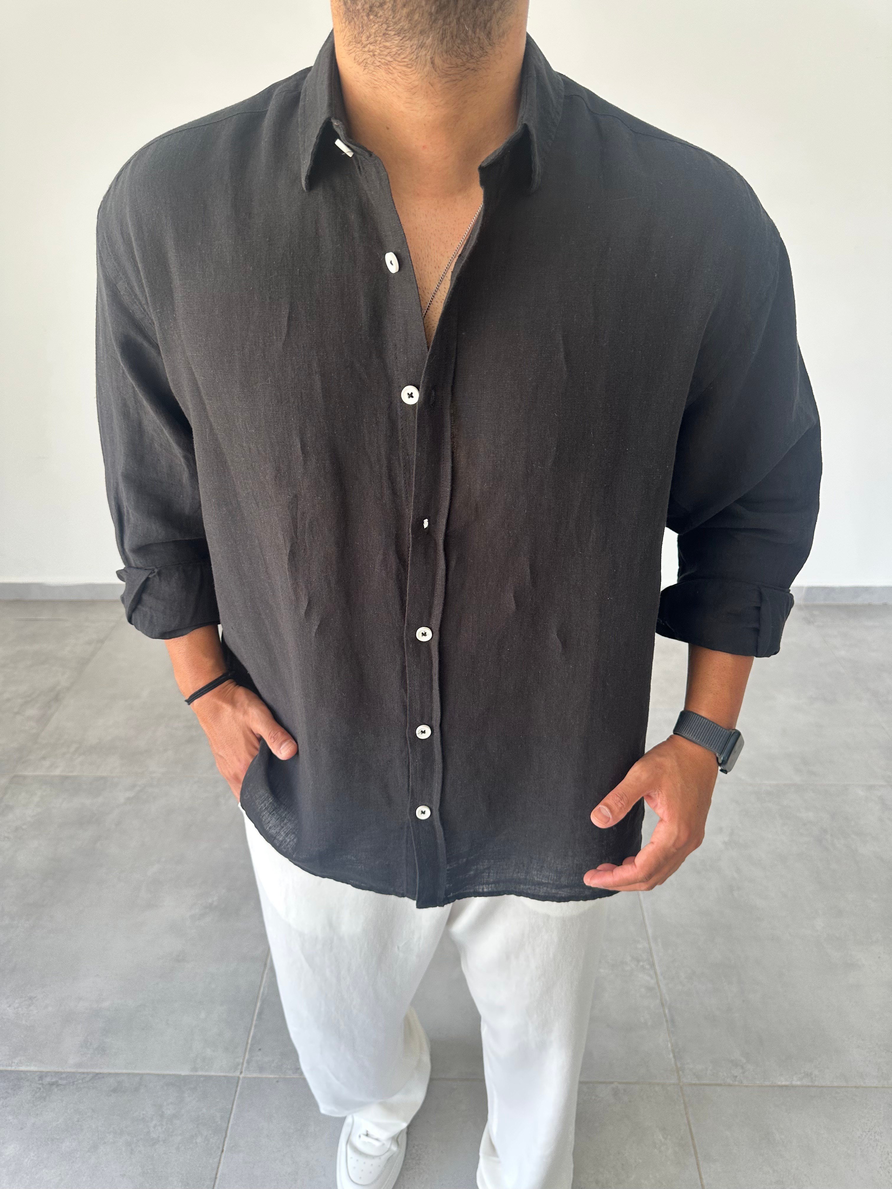 Ham Keten Oversize Kesim Siyah Renk Premium Keten Gömlek