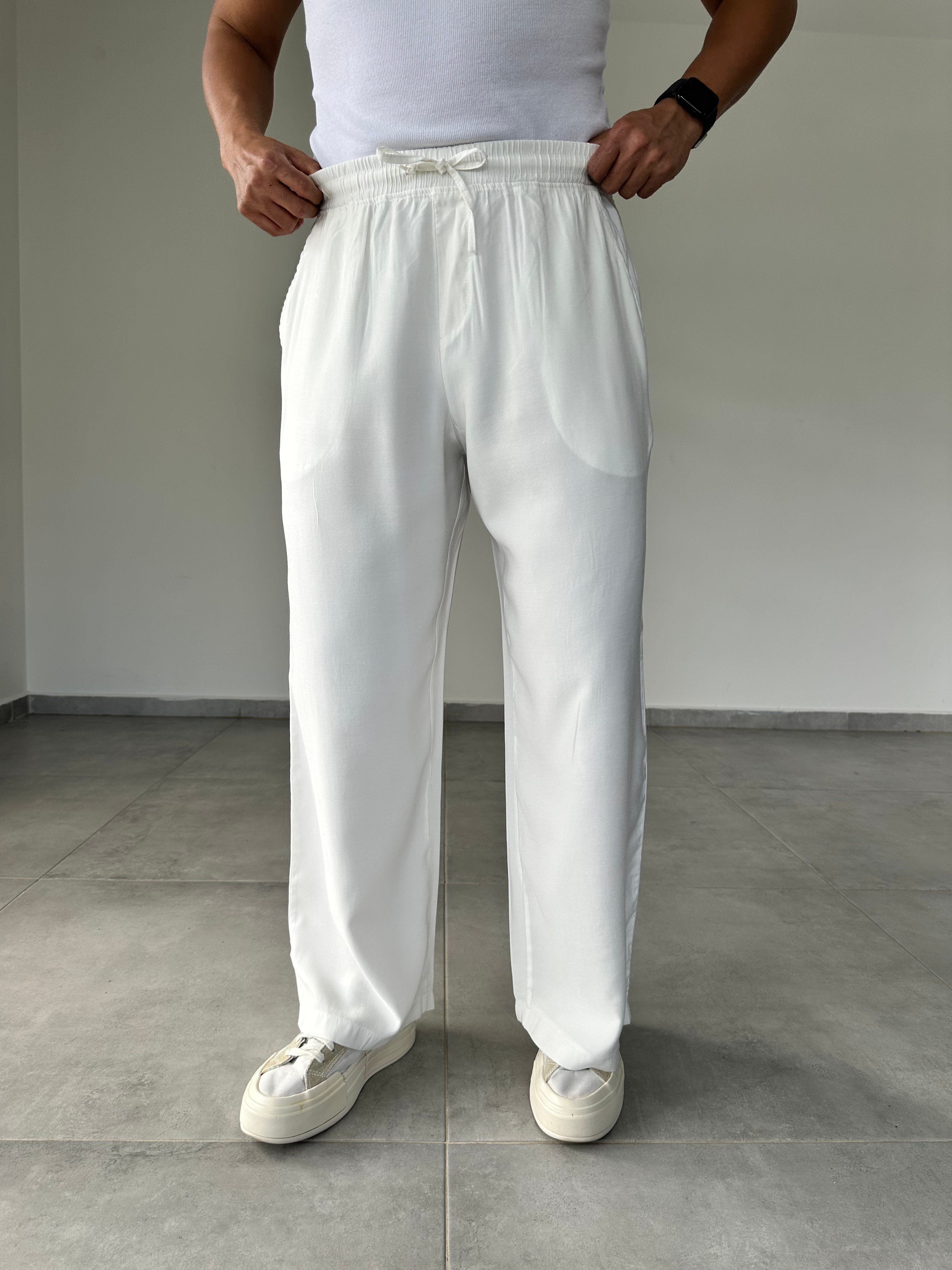 Modal Kumaş Çift Cep Detaylı Beyaz Renk Basic Baggy Pantolon