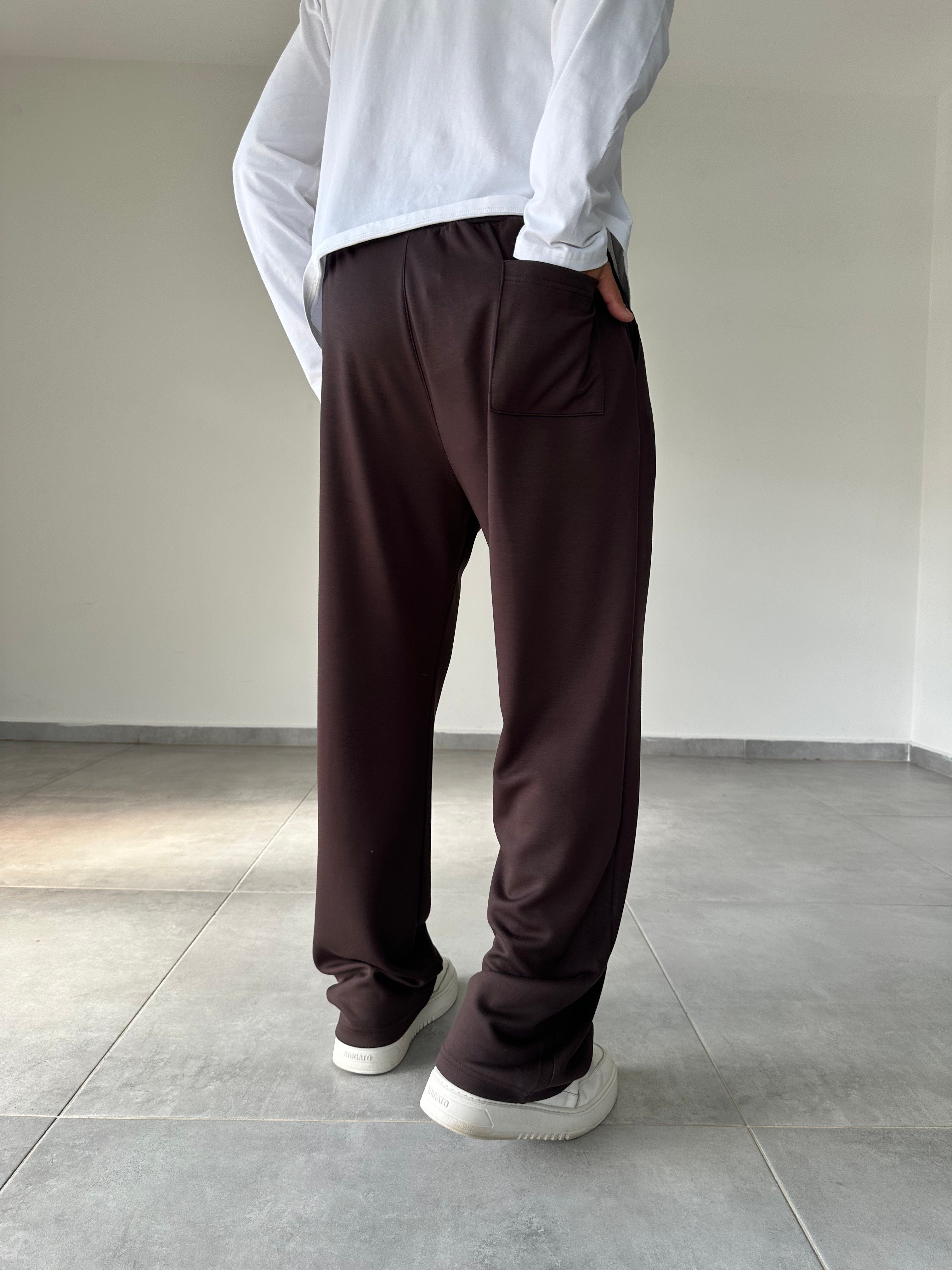 Kahve Renk Modal Kumaş Ön Kısmı Çımalı Basic Baggy Pantolon