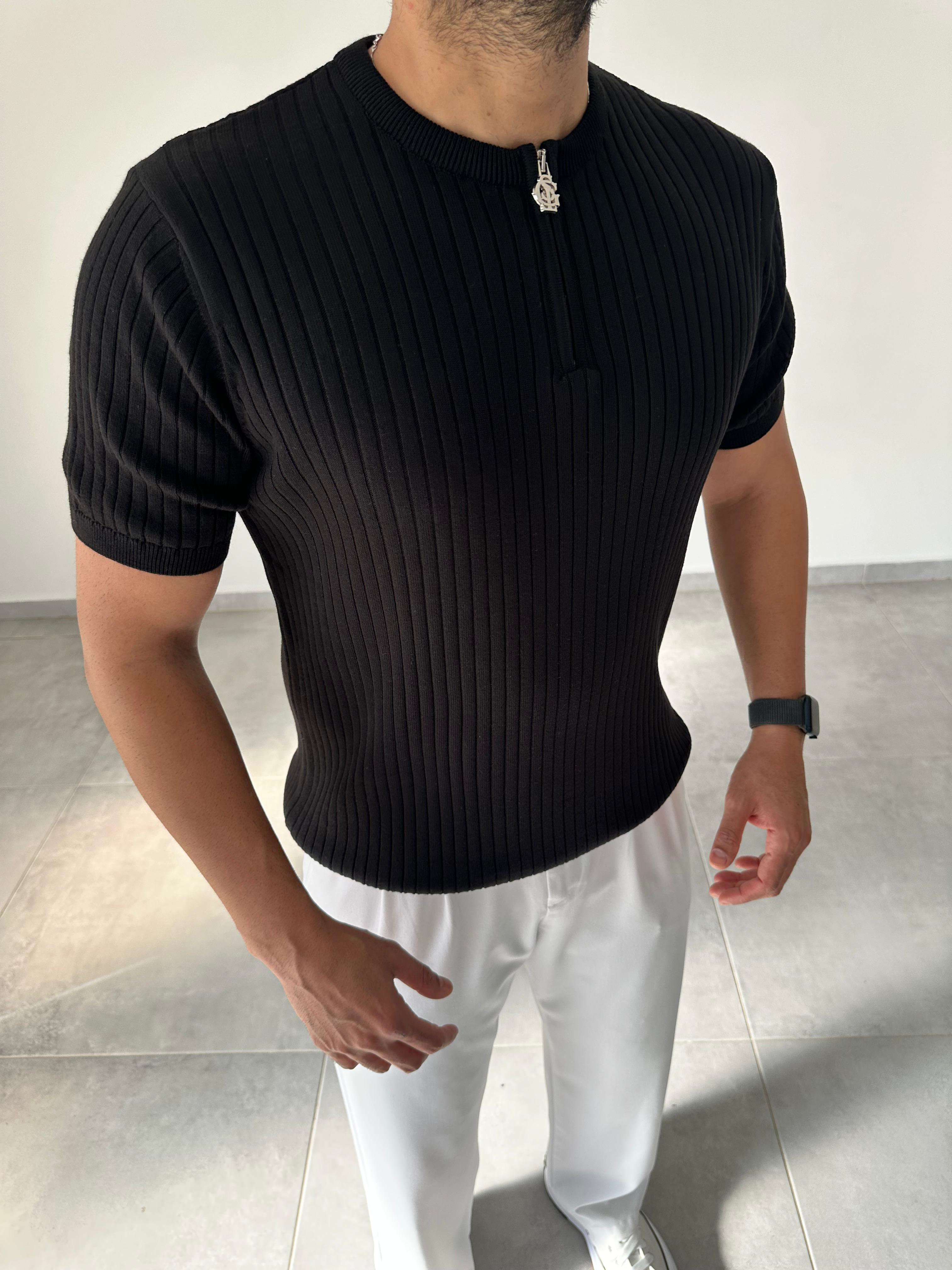 Siyah Renk Fermuar Detaylı Premium Kalite Basic Triko T-Shirt