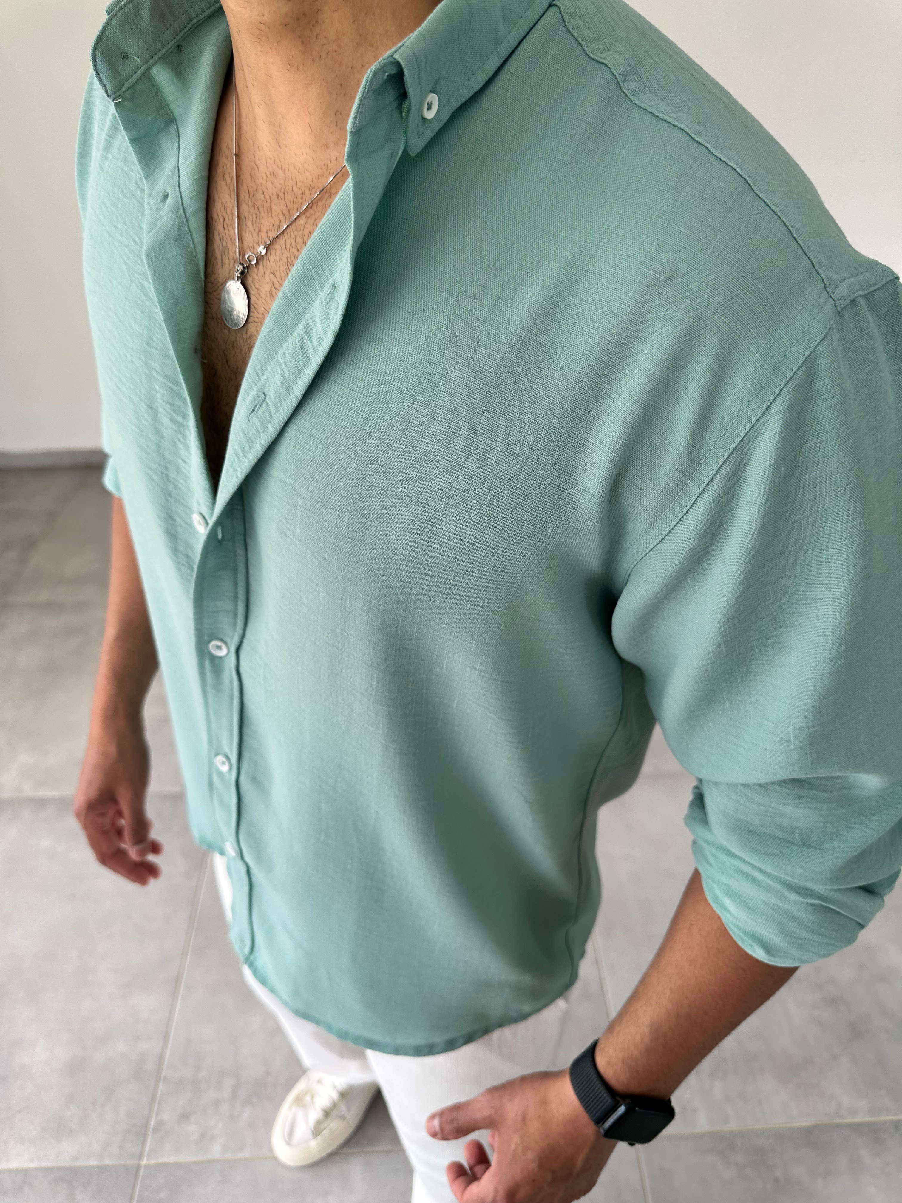 Mint Yeşili Relax Fit Keten Gömlek