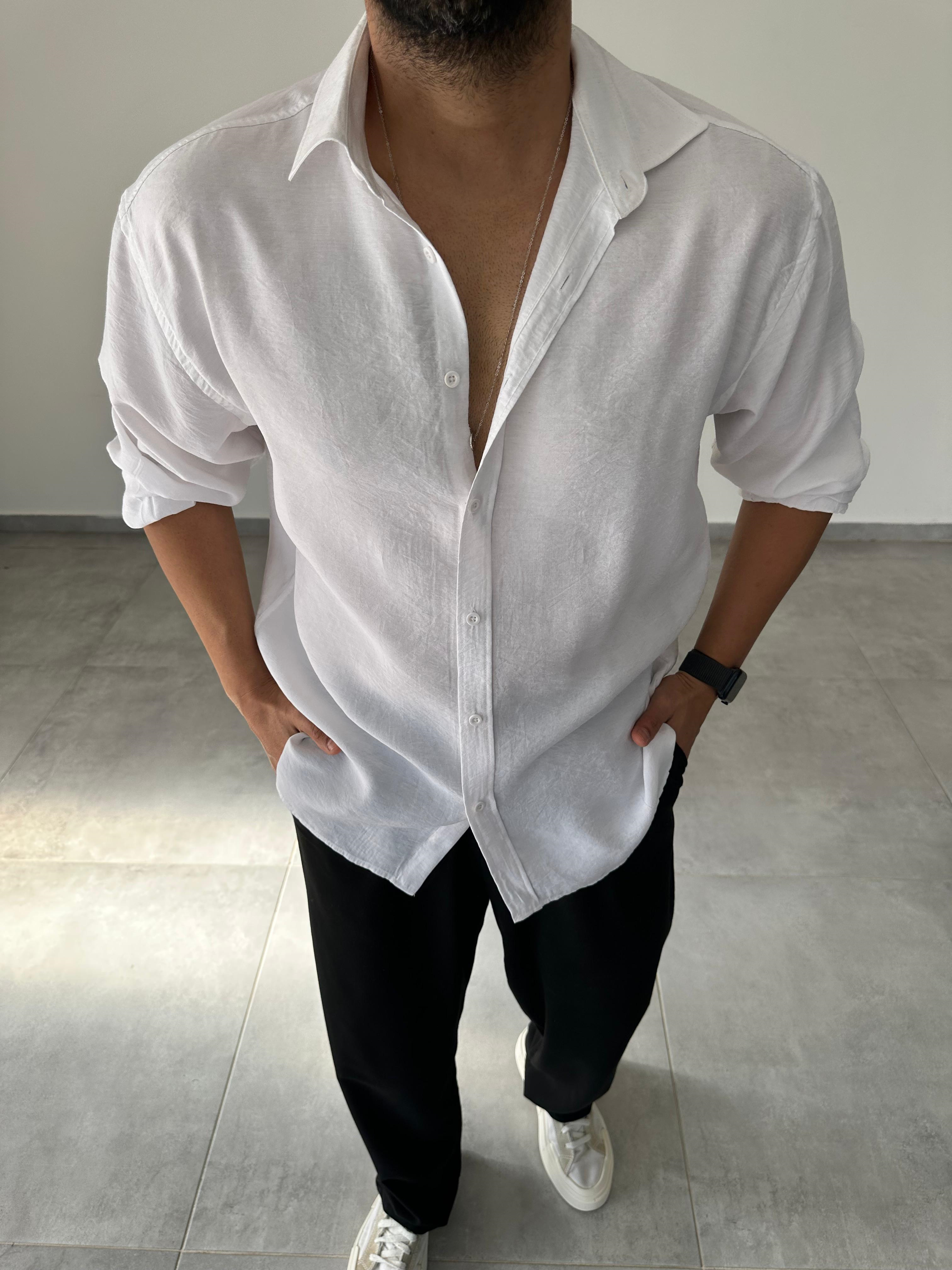 Modal Kumaş Beyaz Renk Oversize Kesim Gömlek