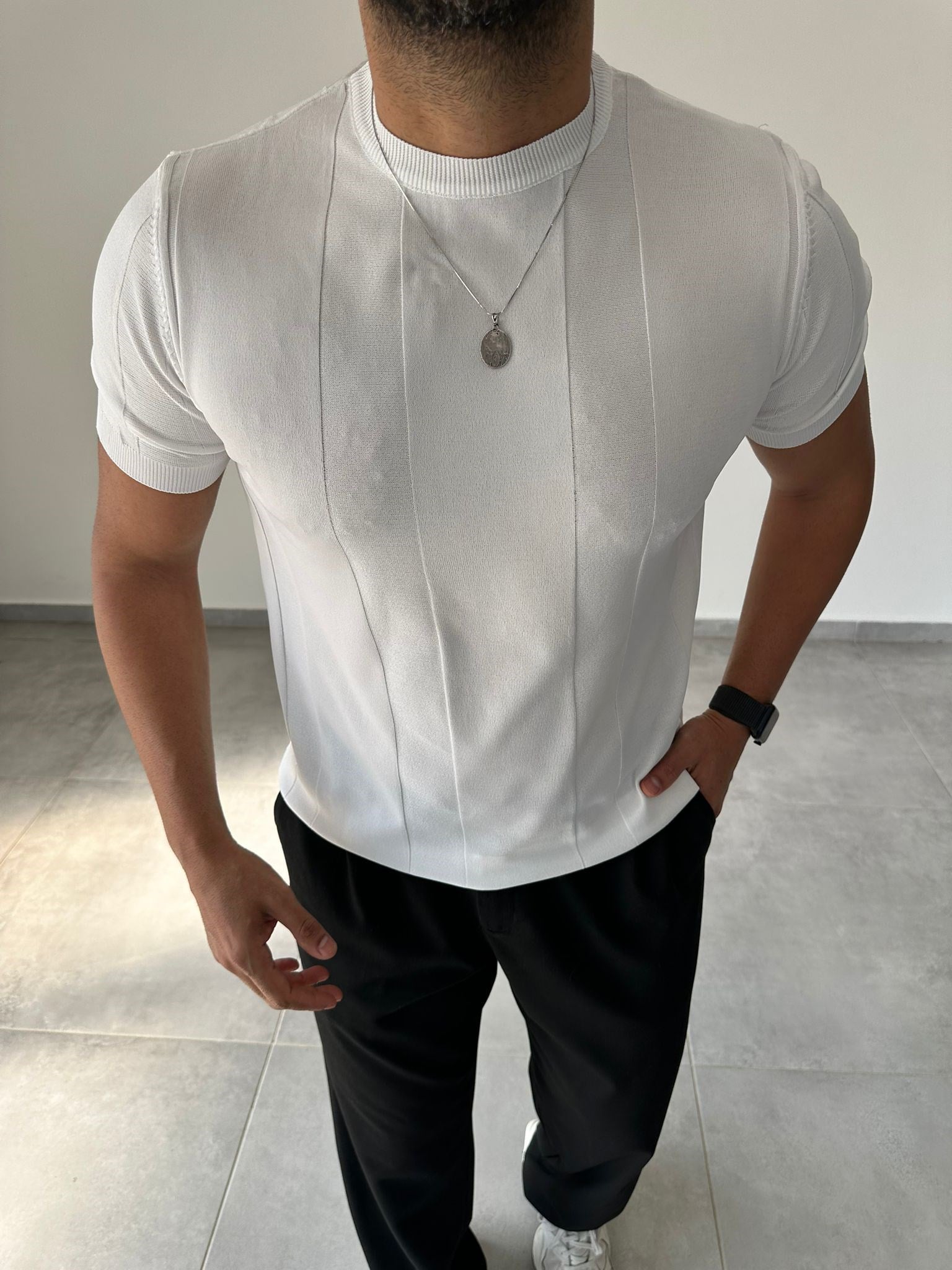 Şerit Detaylı Beyaz Renk Basic T-Shirt