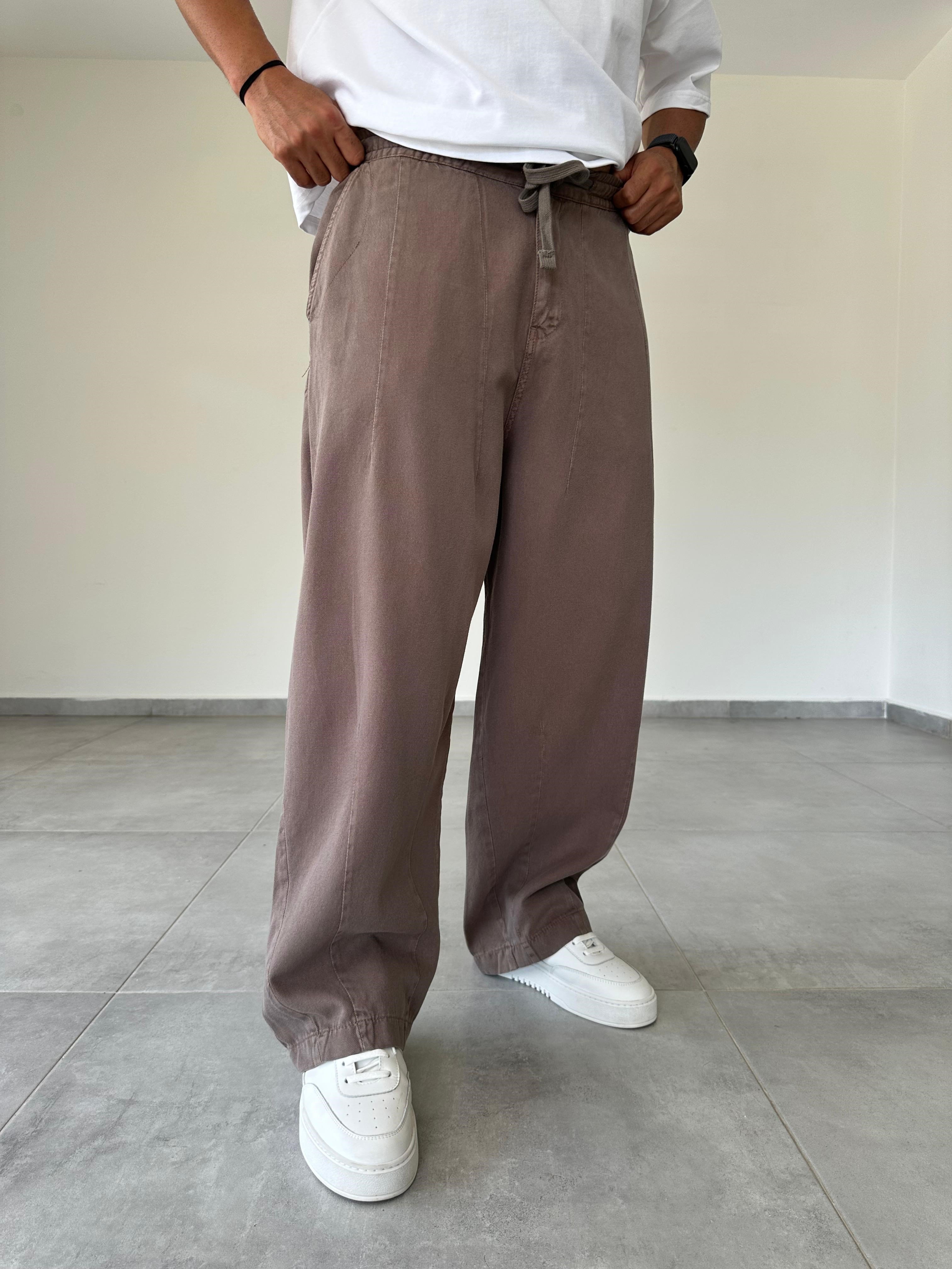 Kahve Renk  Dikiş Detaylı Bol Kesim Gabardin Baggy
