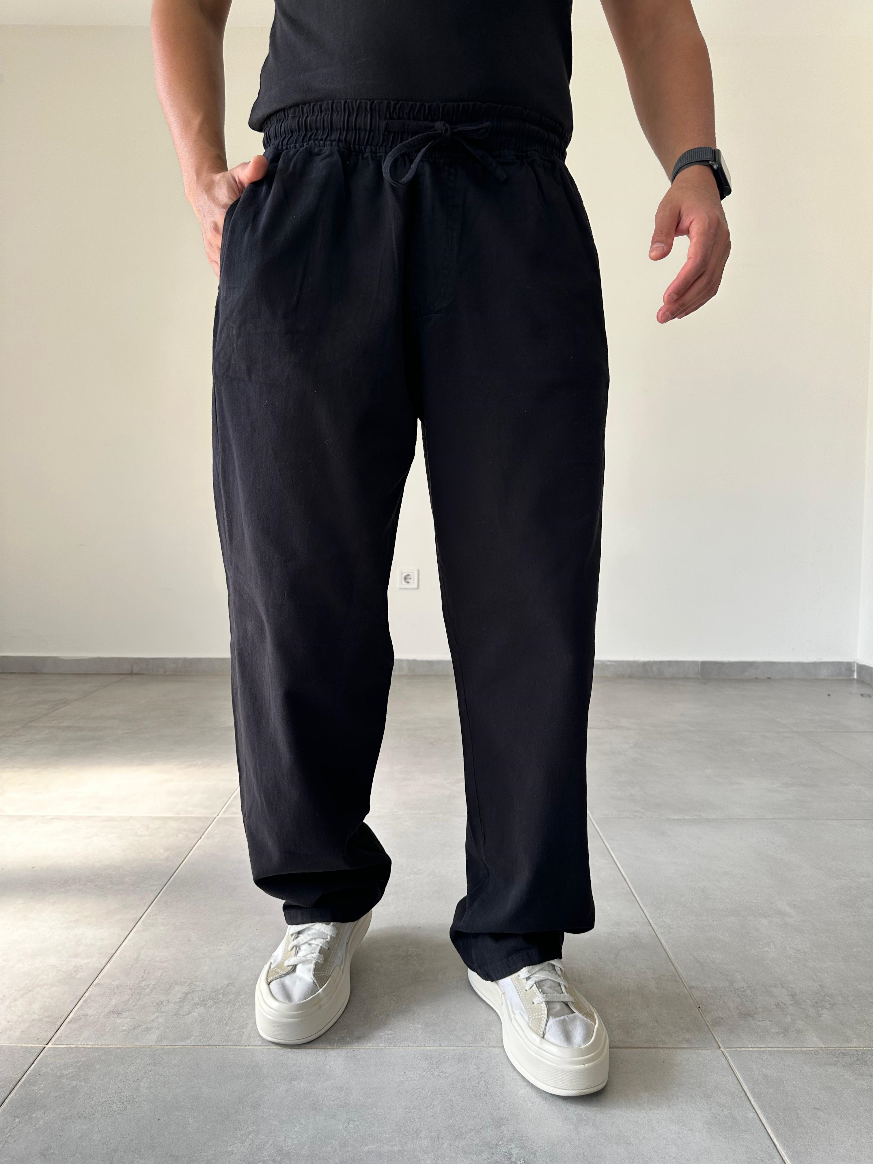 Siyah Renk Rahat Kesim Gabardin Kumaş Basic Baggy Pantolon