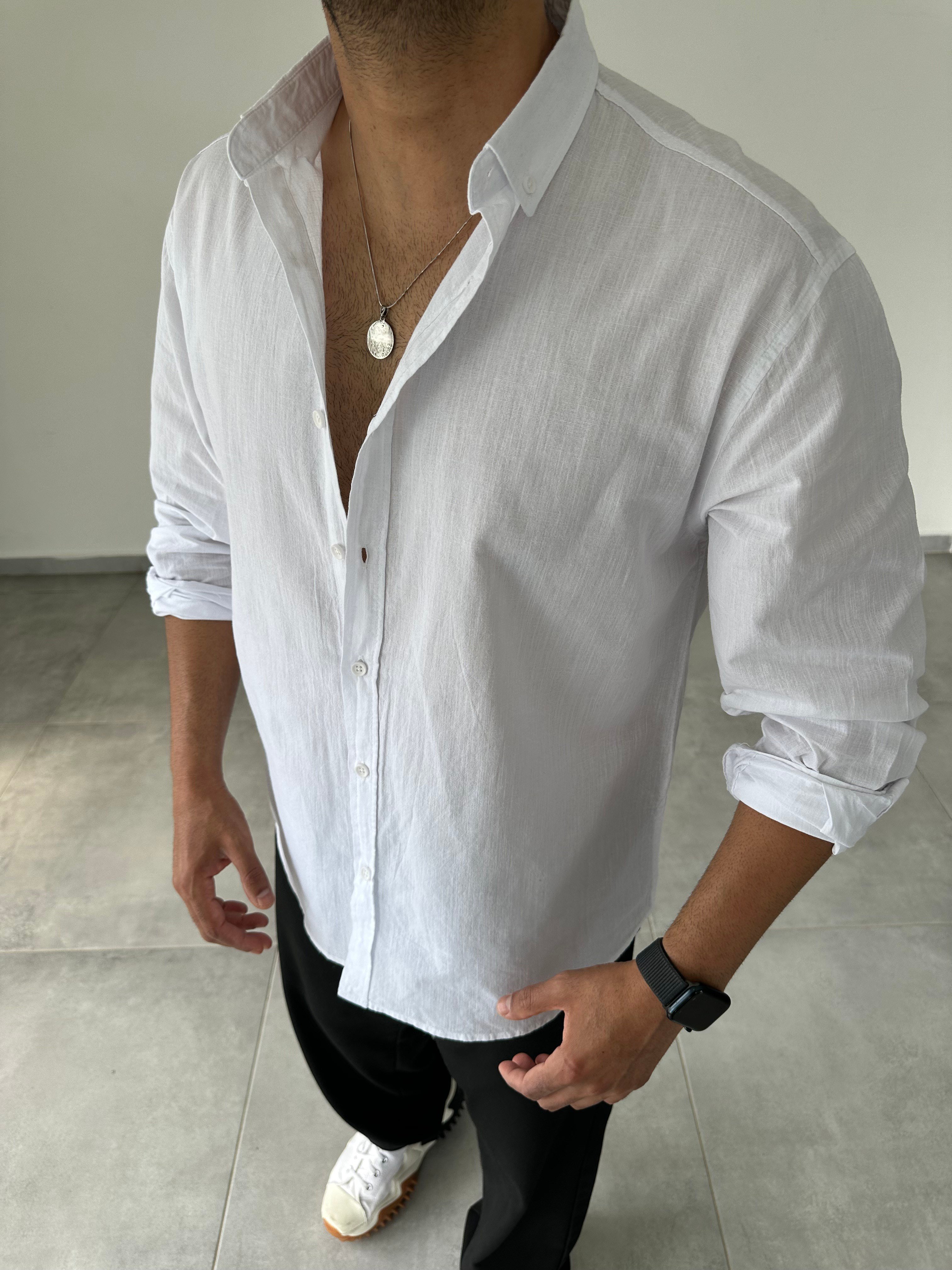 Beyaz Relax Fit Keten Gömlek