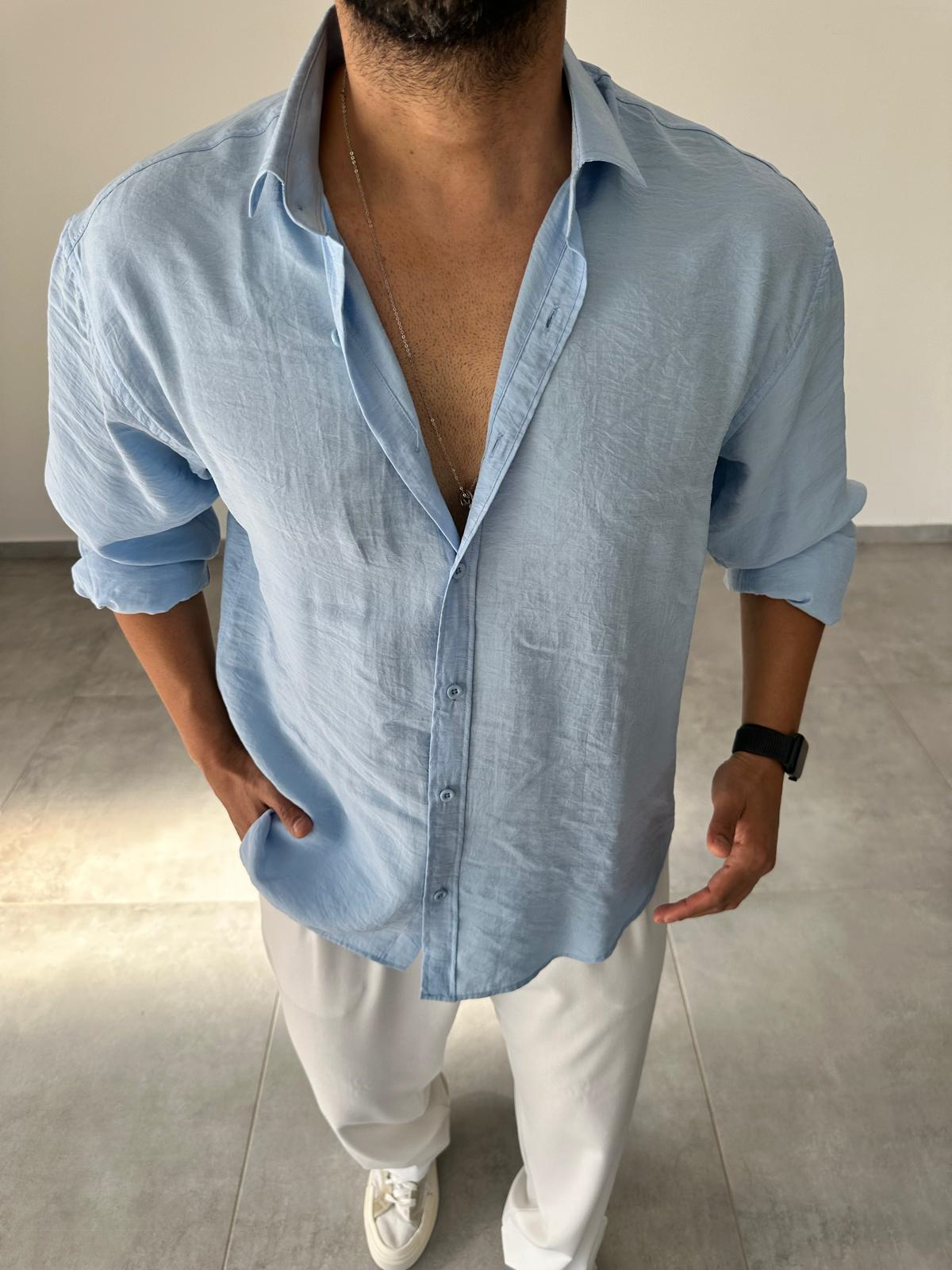 Modal Kumaş Bebe Mavisi Renk Oversize Kesim Gömlek
