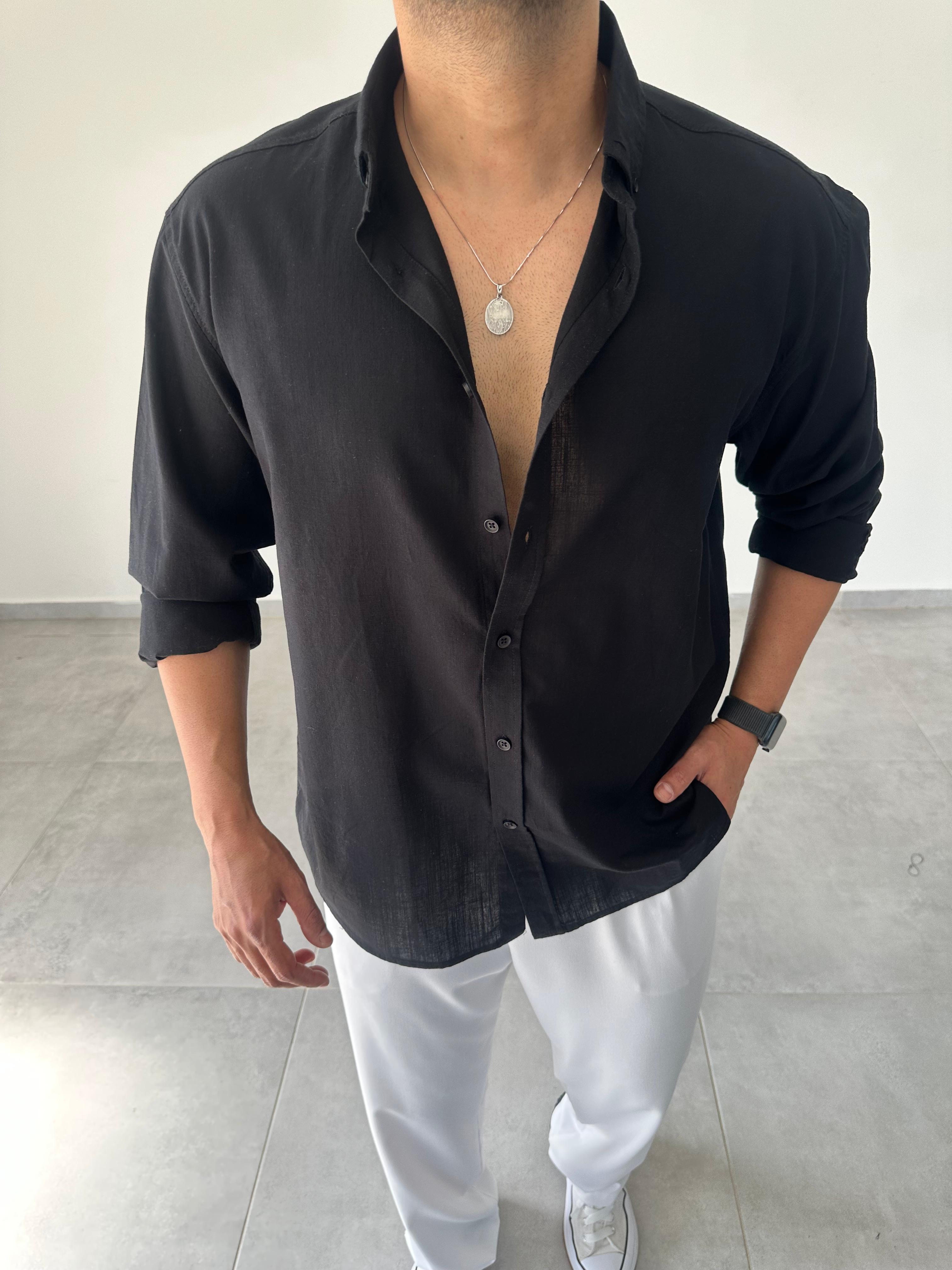 Siyah Renk Oversize Kesim Fresh Keten Gömlek