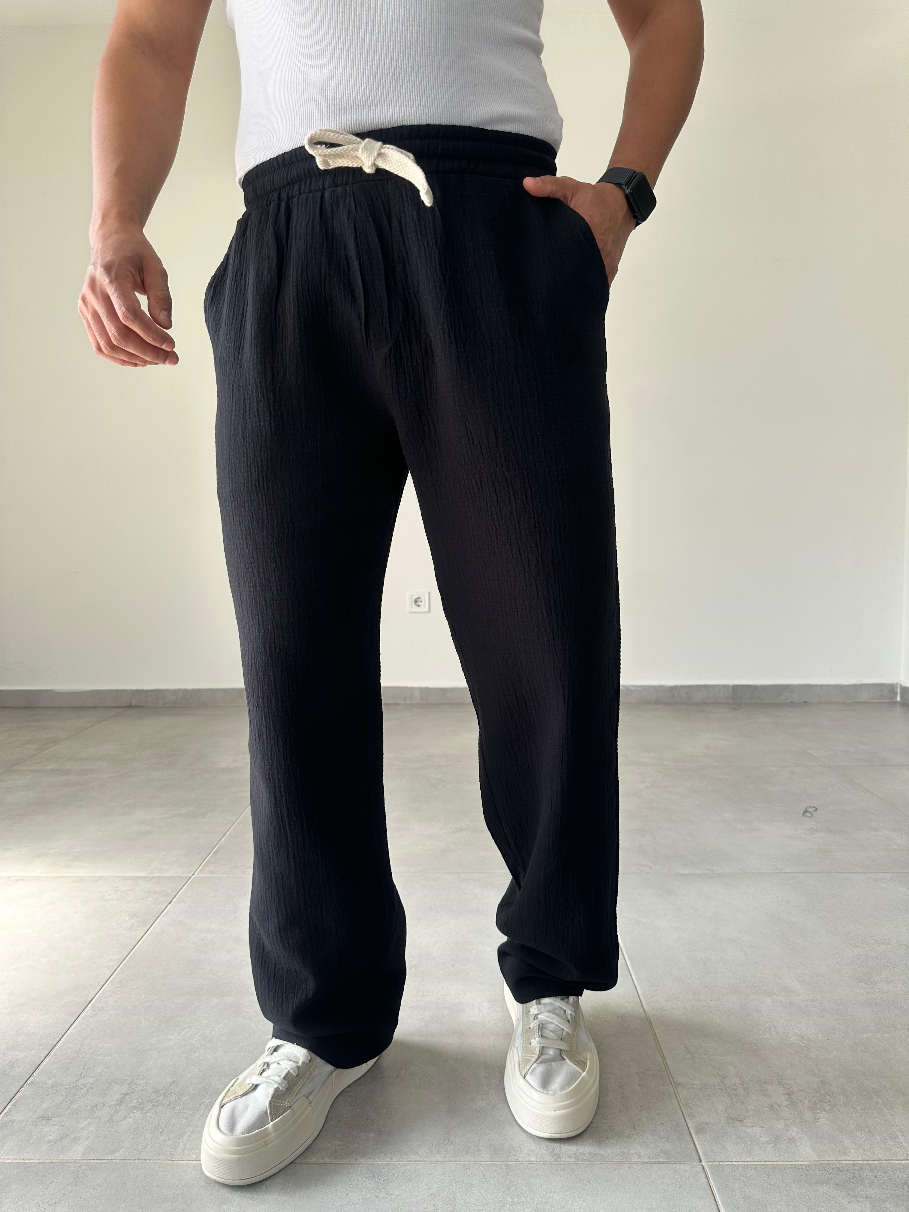 Siyah Renk Müslin Keten Baggy Pantolon