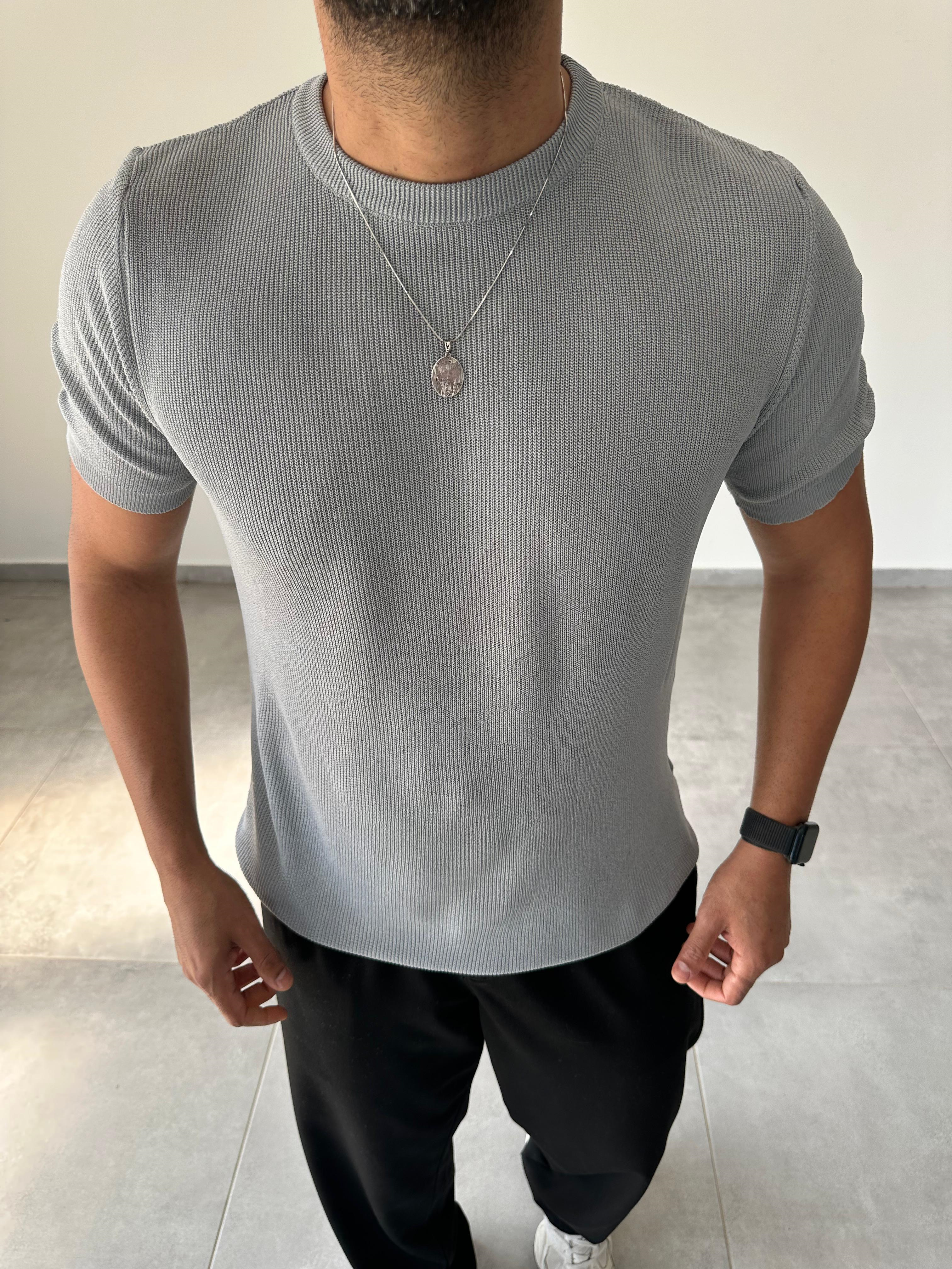 Gri Renk Selanik Örme Regular Fit T-Shirt