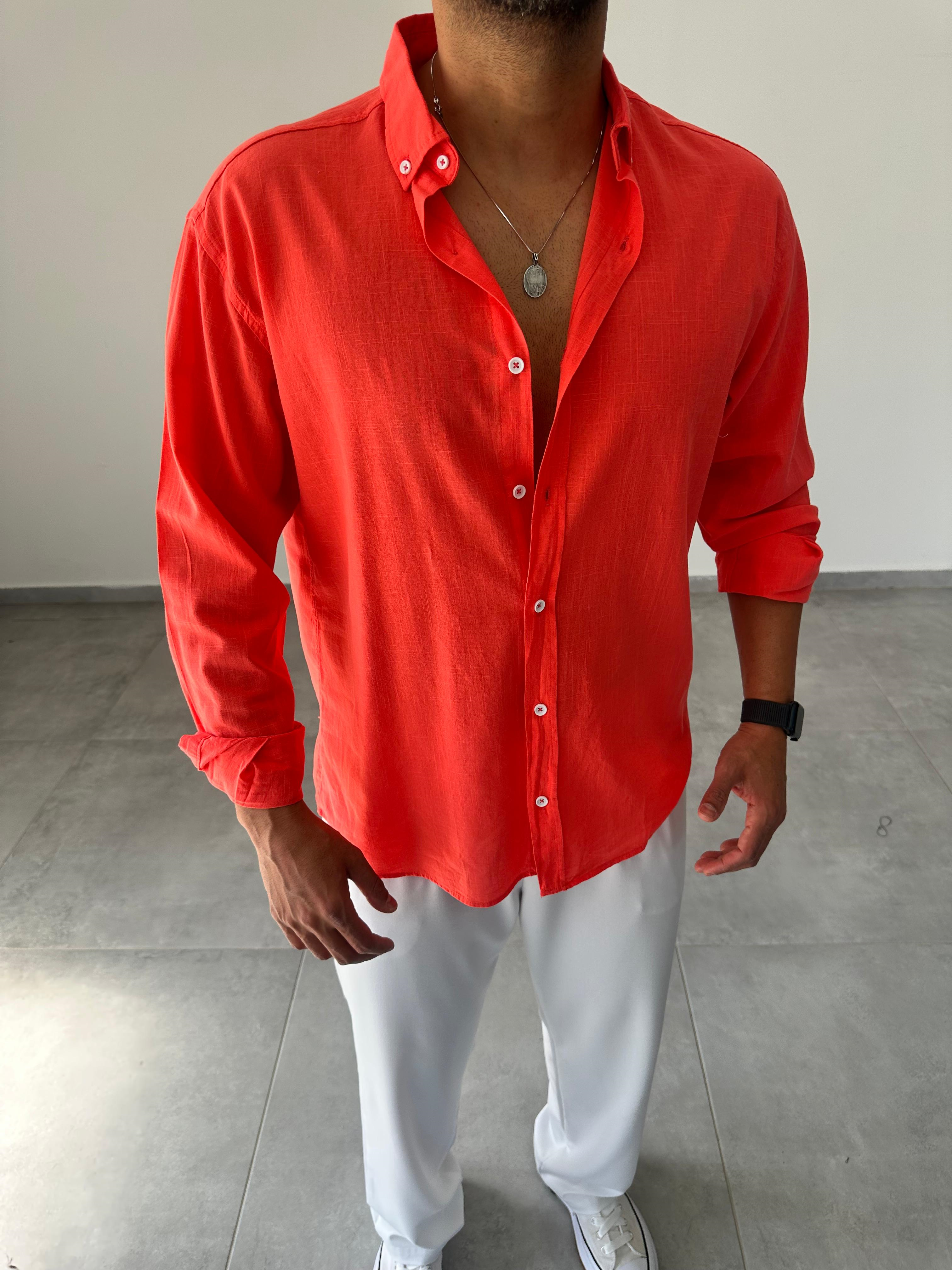 Nar Çiçeği Renk Oversize Kesim Fresh Keten Gömlek